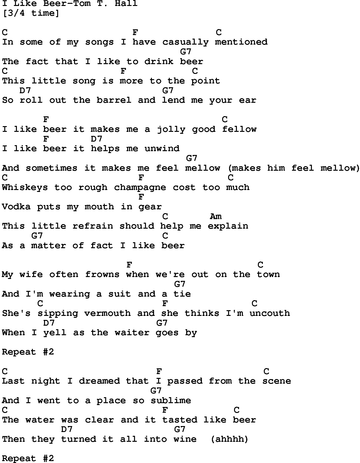 Country music song: I Like Beer-Tom T Hall lyrics and chords