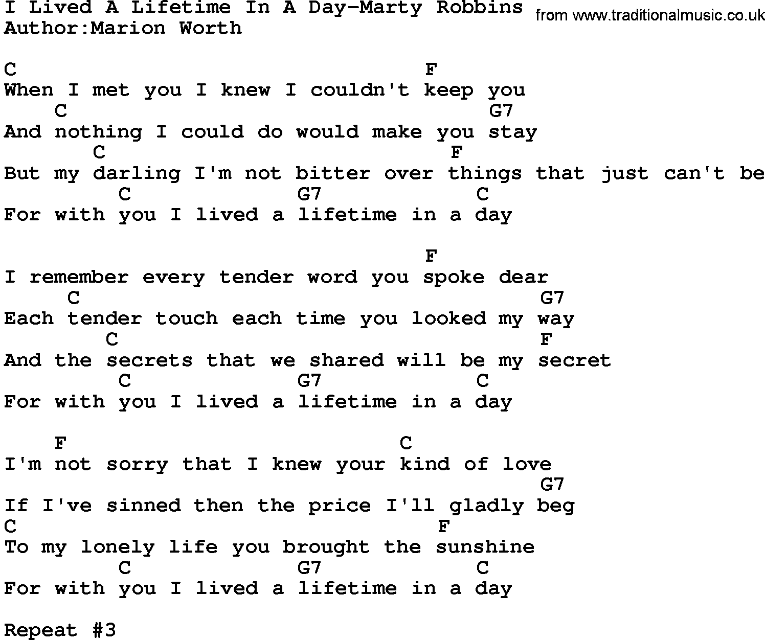 Country music song: I Lived A Lifetime In A Day-Marty Robbins lyrics and chords