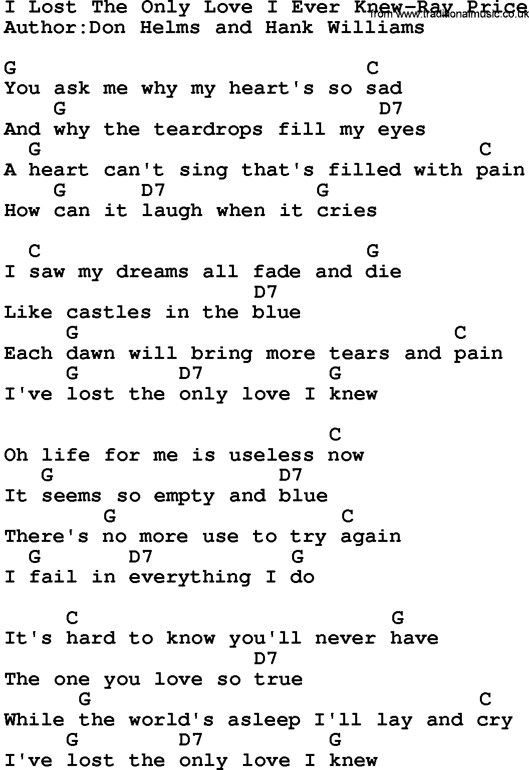 Country music song: I Lost The Only Love I Ever Knew-Ray Price lyrics and chords