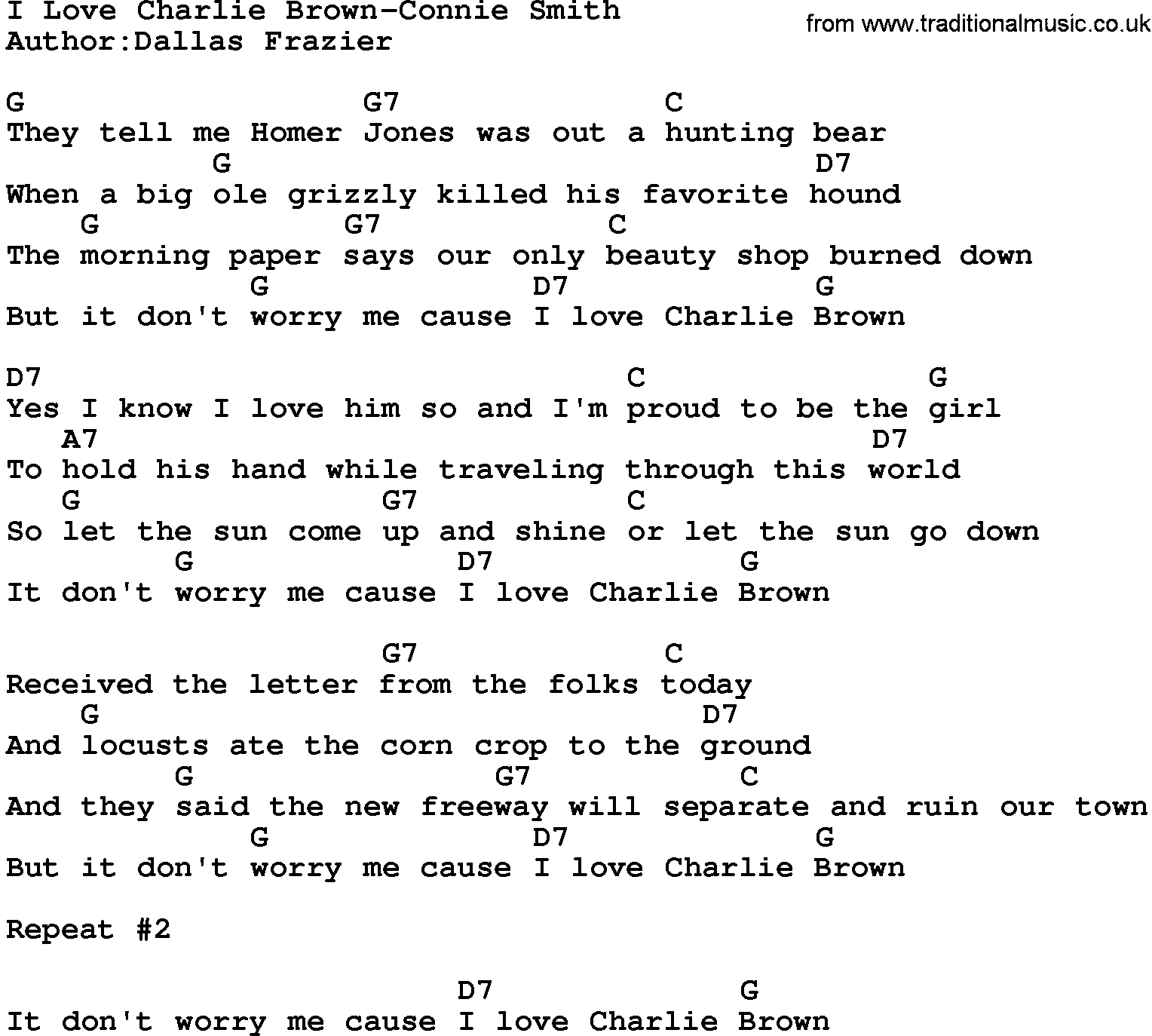 Country music song: I Love Charlie Brown-Connie Smith lyrics and chords
