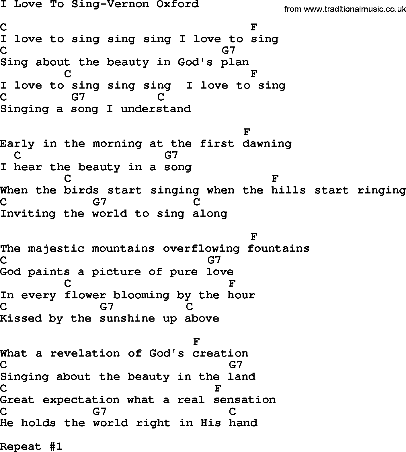 Country music song: I Love To Sing-Vernon Oxford lyrics and chords