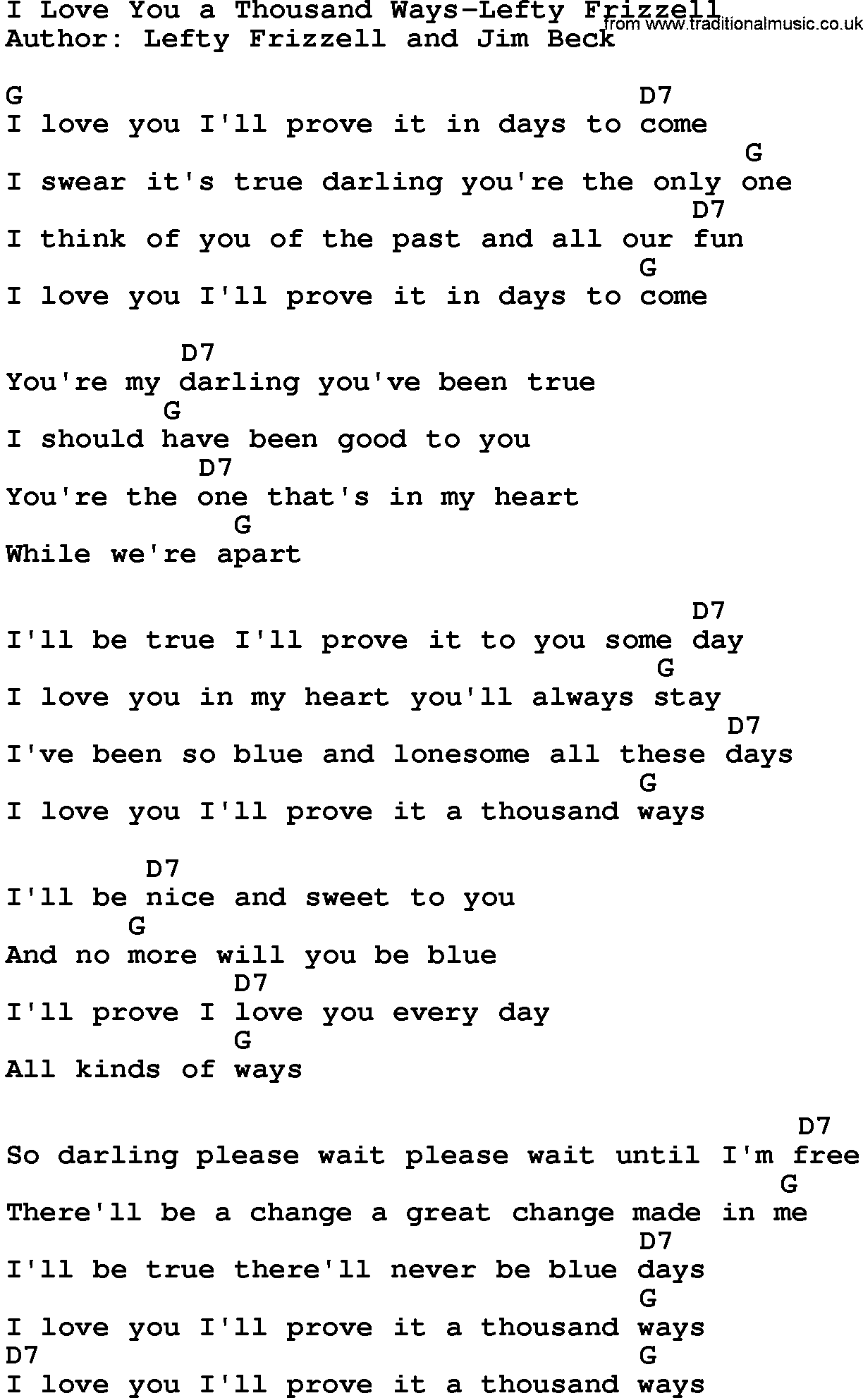 Country music song: I Love You A Thousand Ways-Lefty Frizzell lyrics and chords