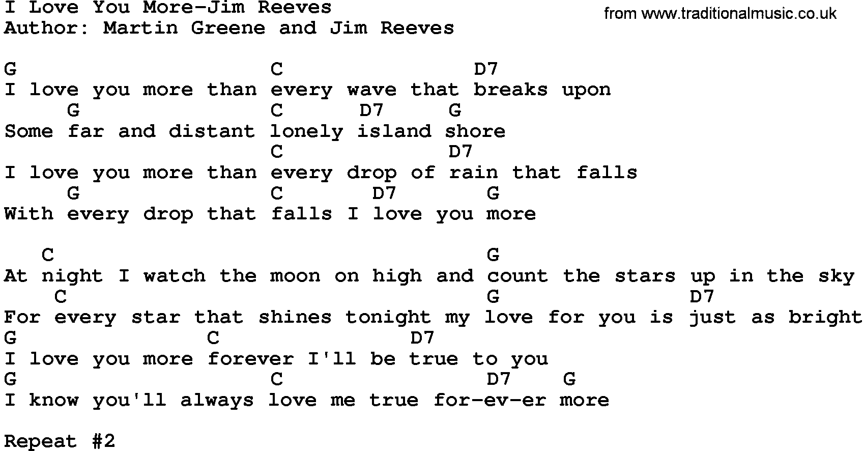 Country music song: I Love You More-Jim Reeves lyrics and chords