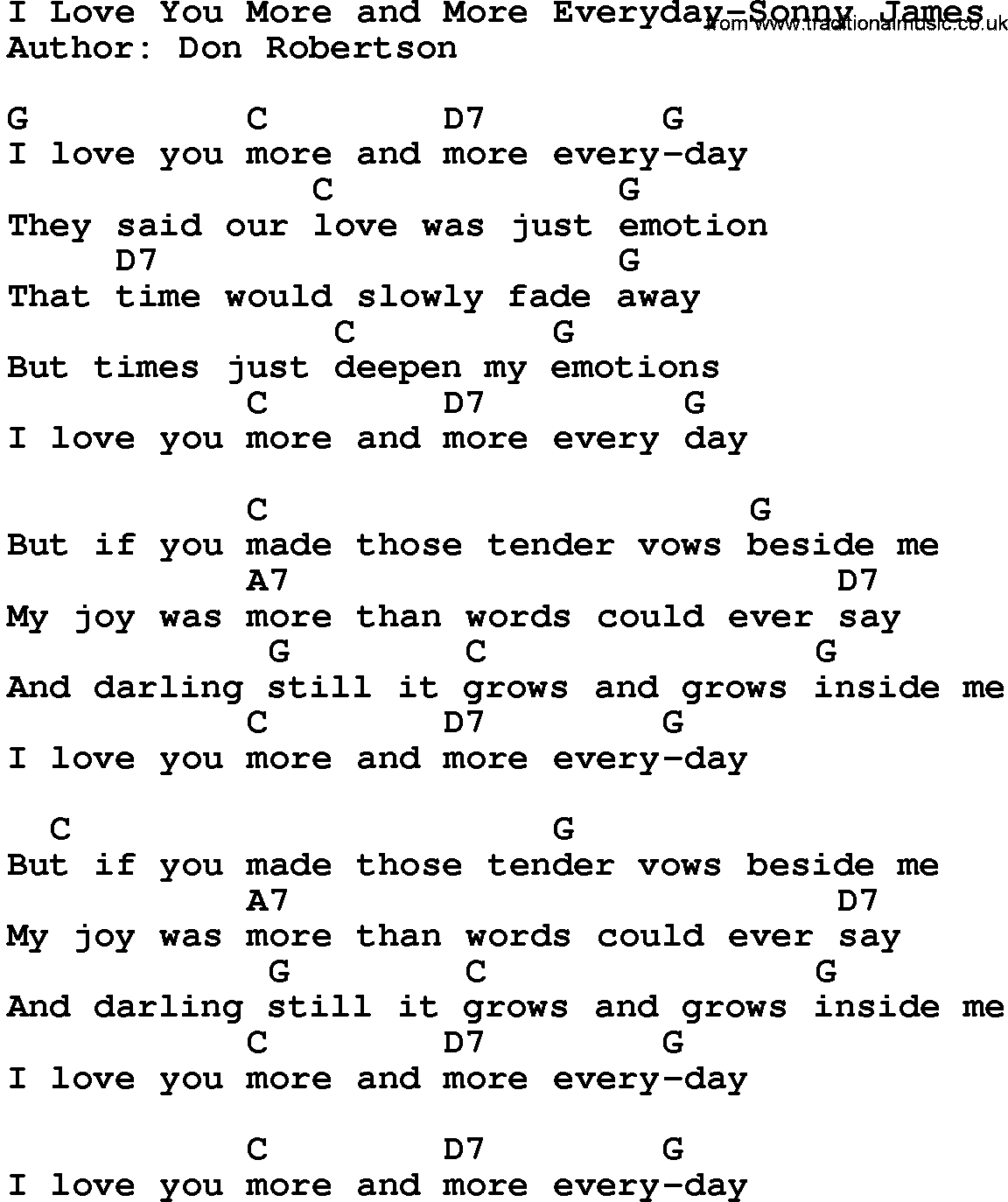 Country music song: I Love You More And More Everyday-Sonny James lyrics and chords