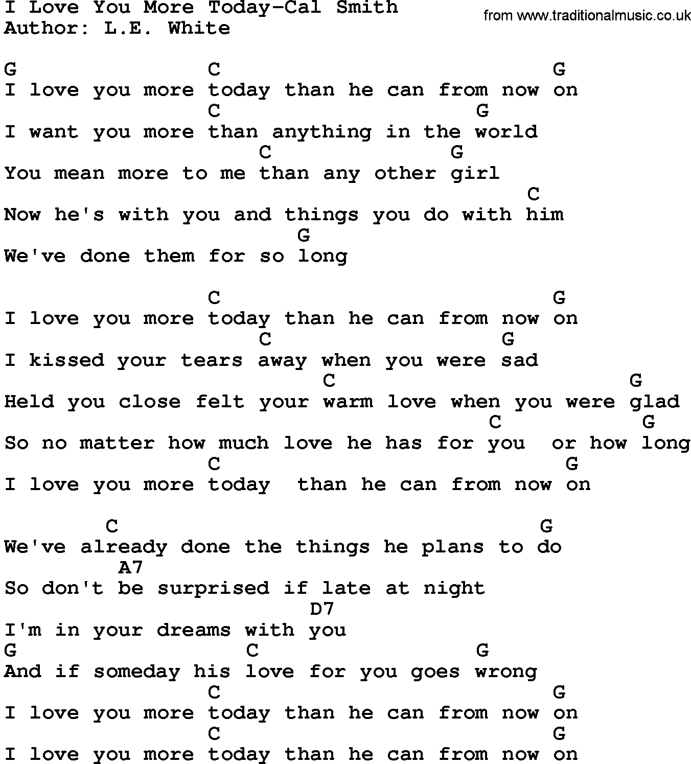 Country music song: I Love You More Today-Cal Smith lyrics and chords