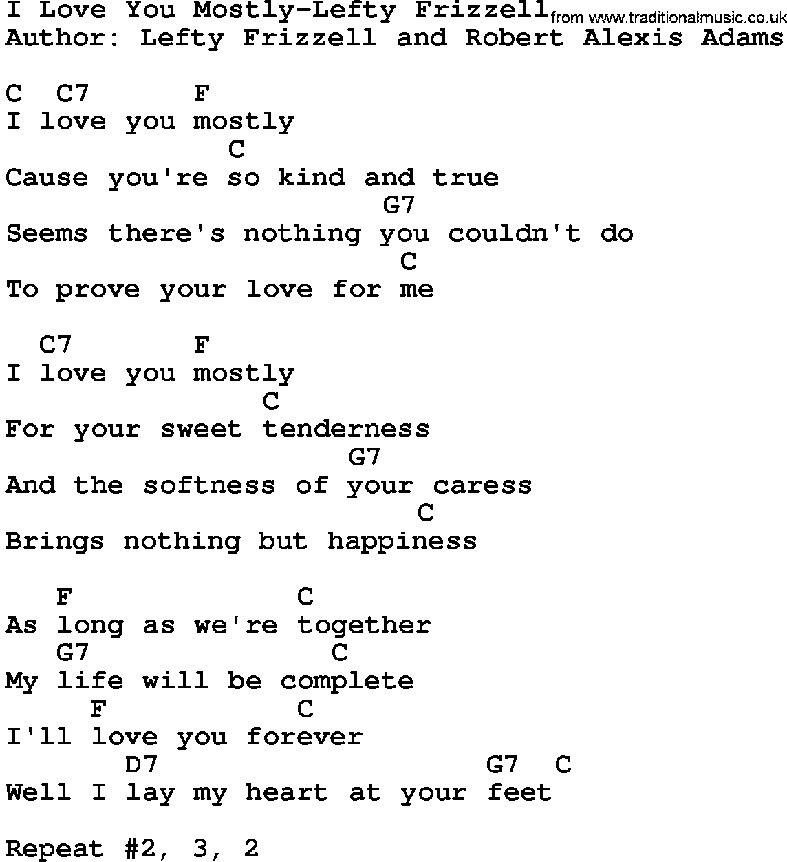 Country music song: I Love You Mostly-Lefty Frizzell lyrics and chords