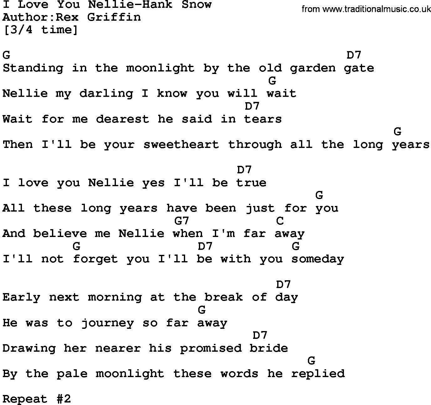 Country music song: I Love You Nellie-Hank Snow lyrics and chords