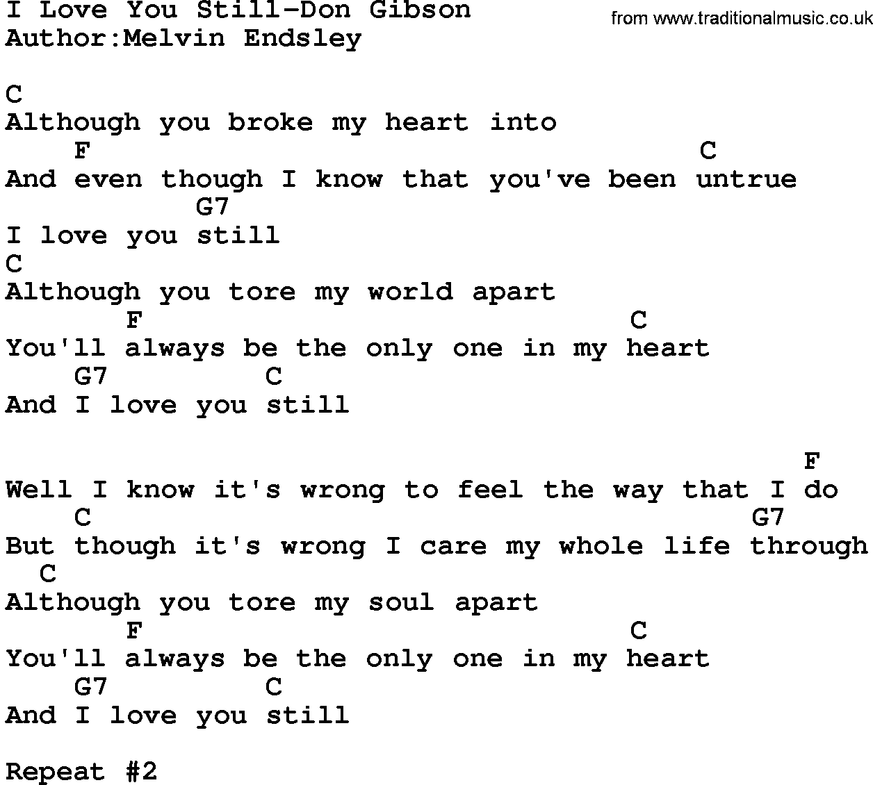 Country music song: I Love You Still-Don Gibson lyrics and chords