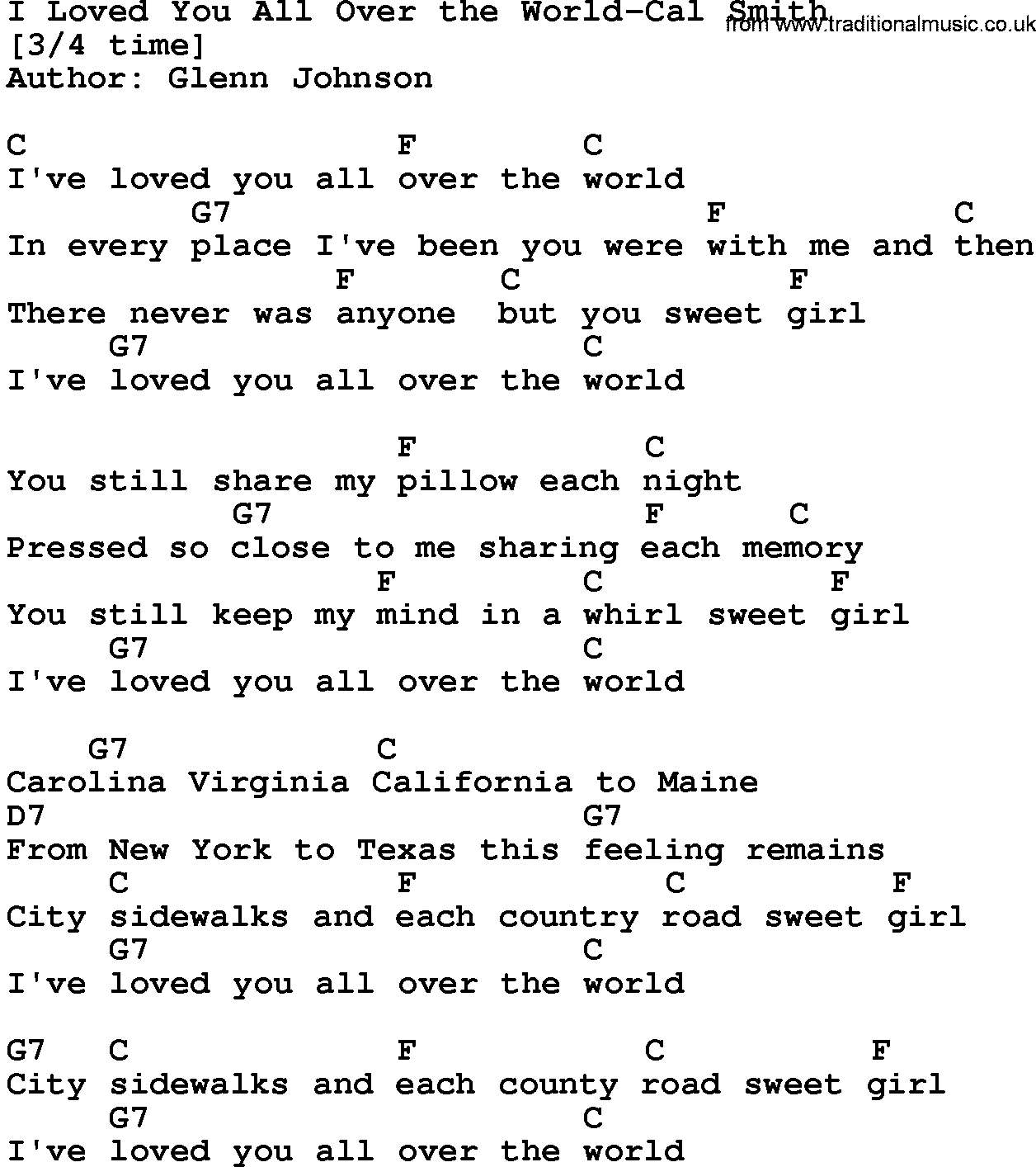Country music song: I Loved You All Over The World-Cal Smith lyrics and chords