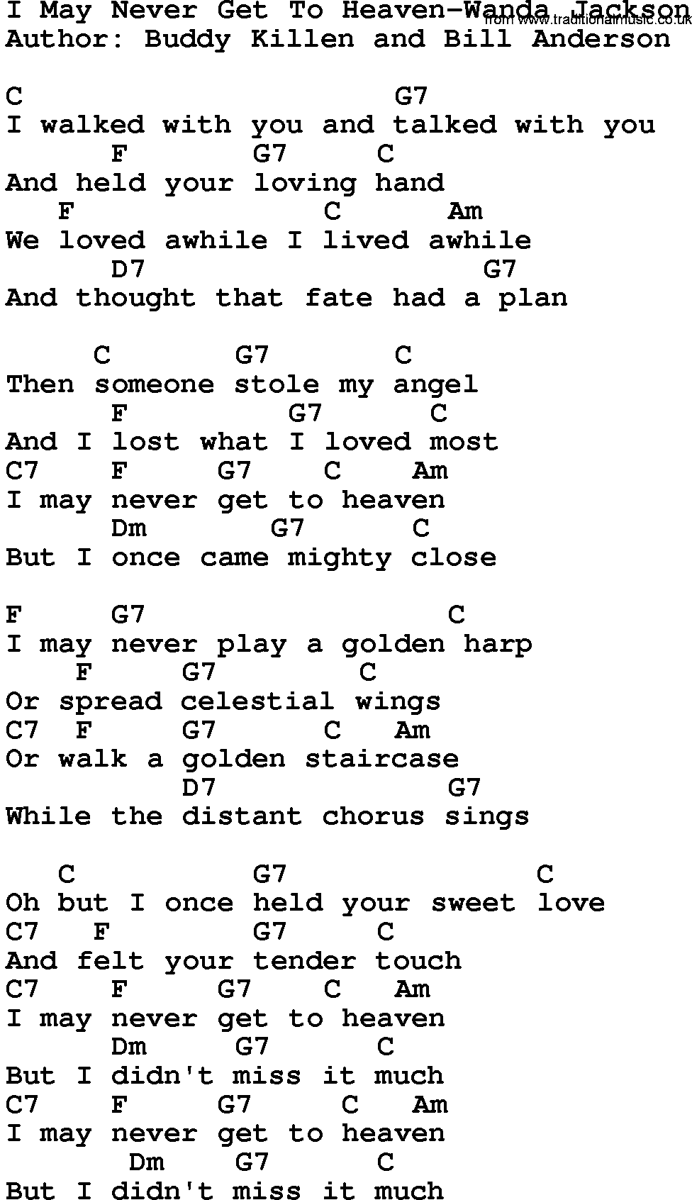 Country music song: I May Never Get To Heaven-Wanda Jackson lyrics and chords