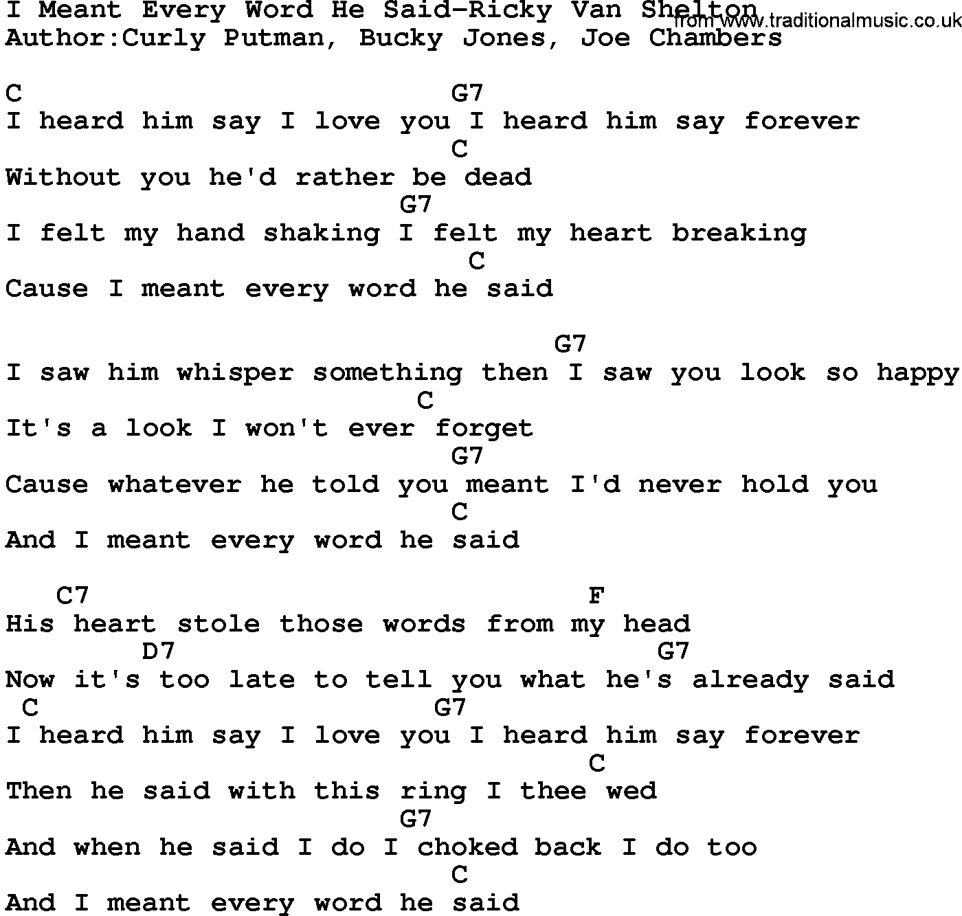 Country music song: I Meant Every Word He Said-Ricky Van Shelton  lyrics and chords