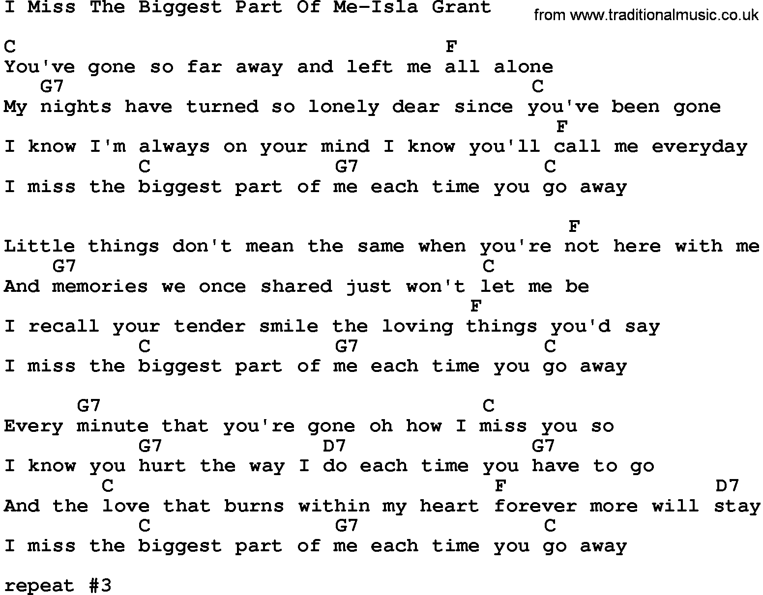 Country music song: I Miss The Biggest Part Of Me-Isla Grant lyrics and chords