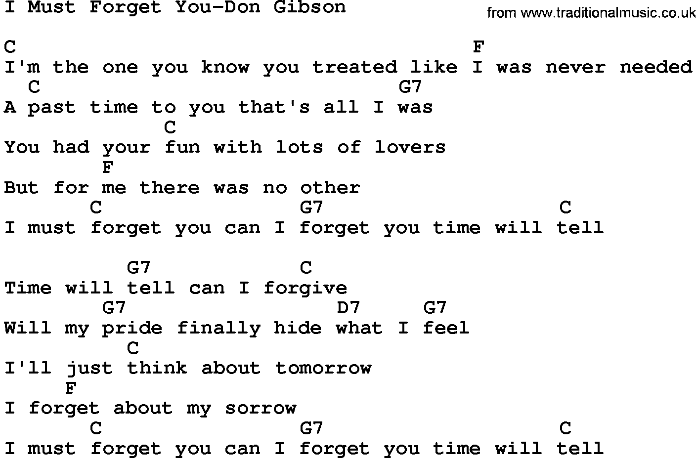Country music song: I Must Forget You-Don Gibson lyrics and chords