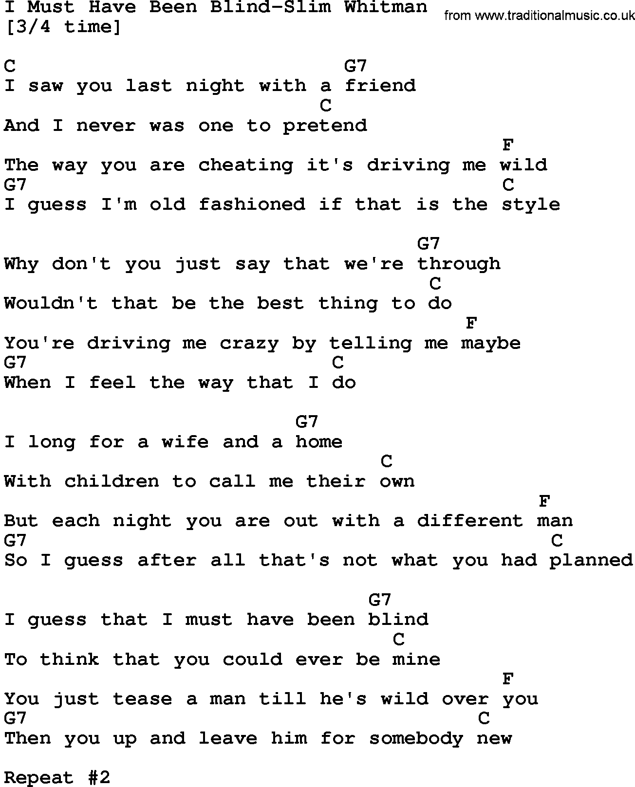 Country music song: I Must Have Been Blind-Slim Whitman lyrics and chords