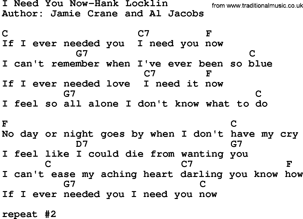 Country music song: I Need You Now-Hank Locklin lyrics and chords
