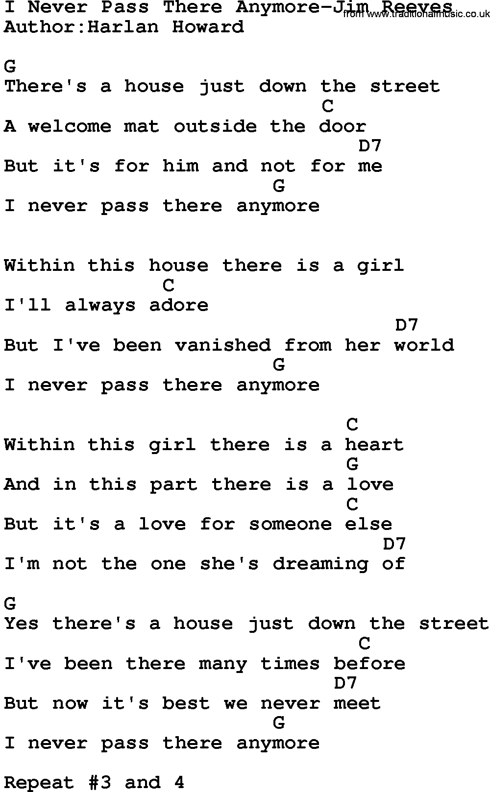 Country music song: I Never Pass There Anymore-Jim Reeves lyrics and chords
