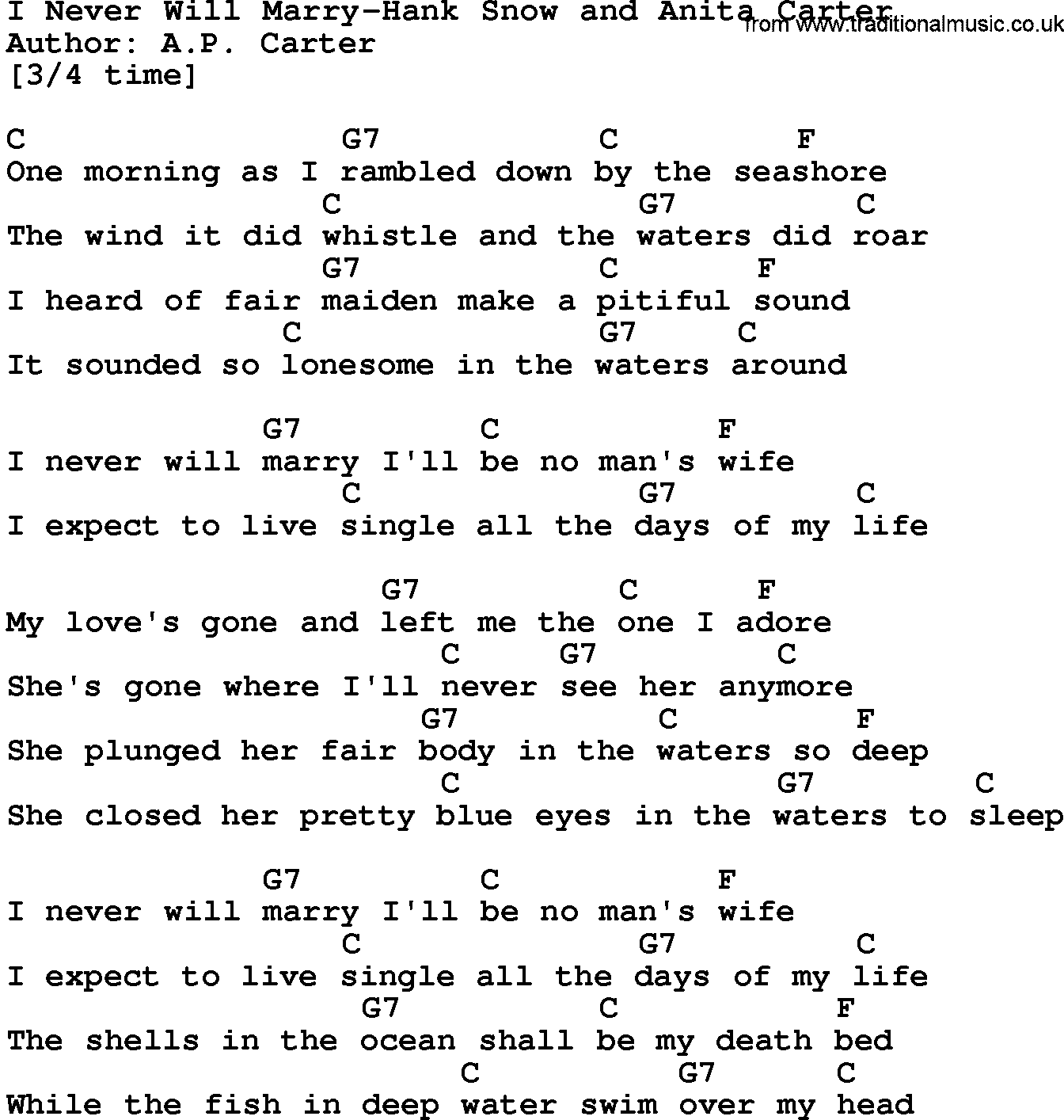 Country music song: I Never Will Marry-Hank Snow And Anita Carter lyrics and chords