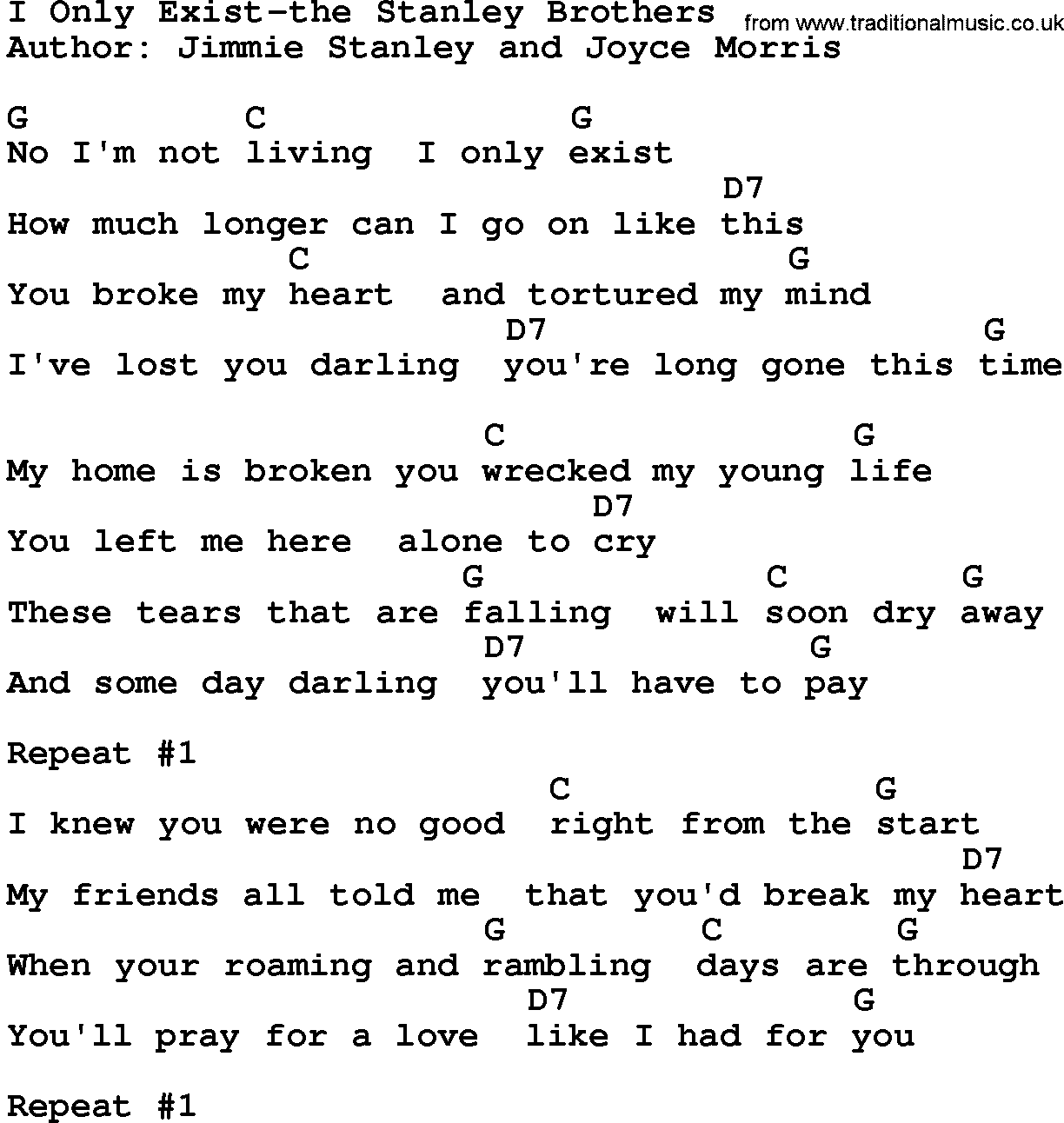 Country music song: I Only Exist-The Stanley Brothers lyrics and chords