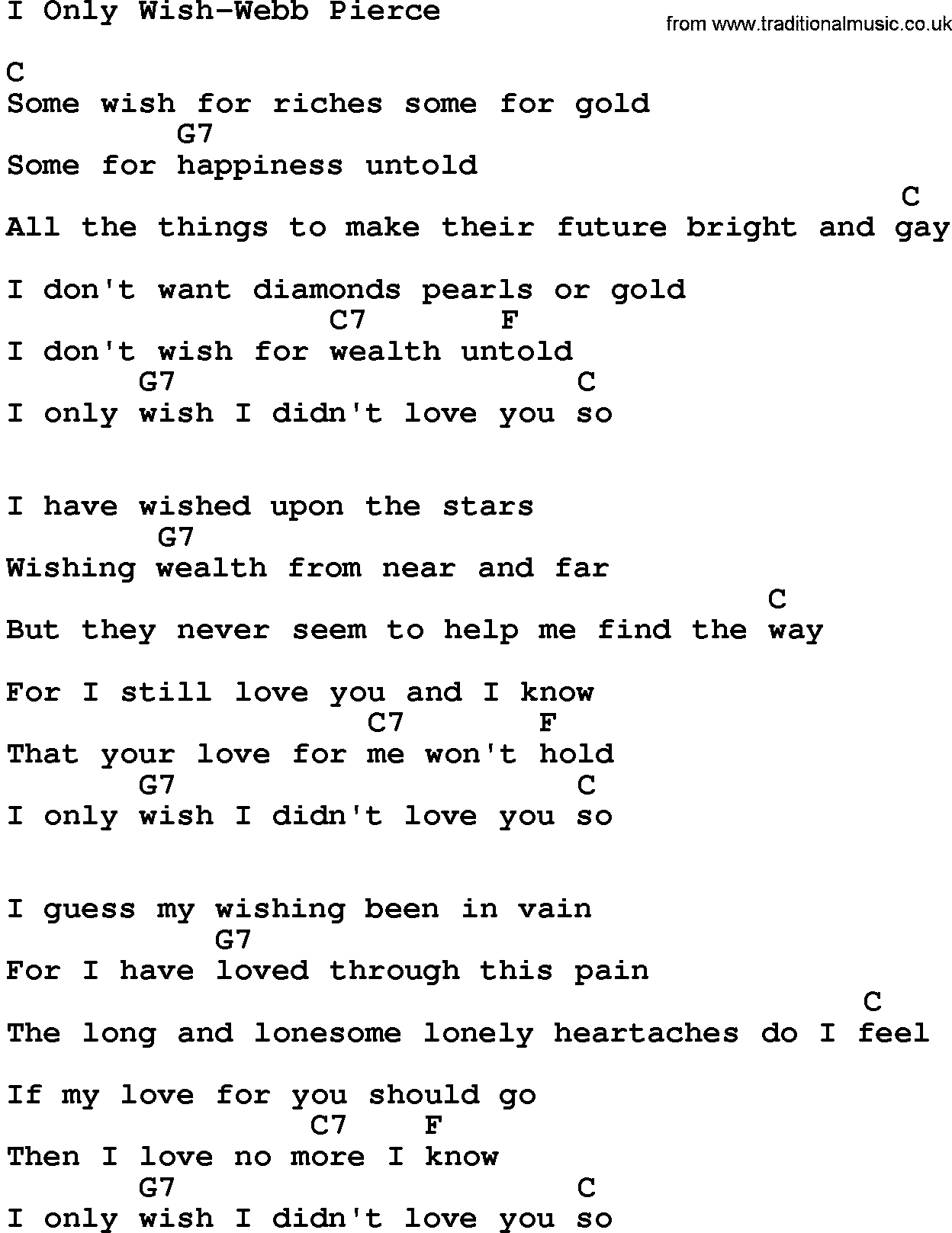 Country music song: I Only Wish-Webb Pierce lyrics and chords