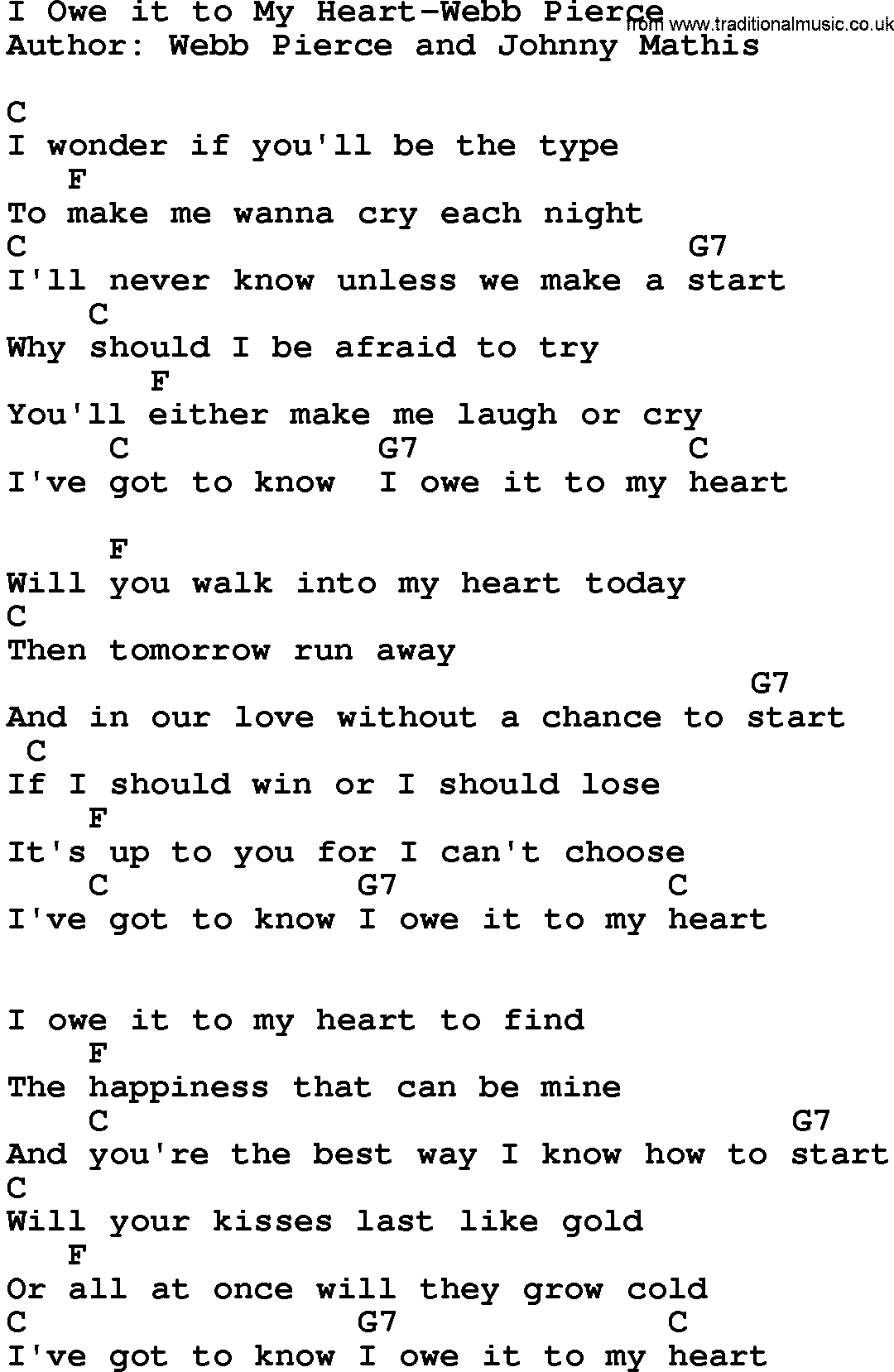 Country music song: I Owe It To My Heart-Webb Pierce lyrics and chords