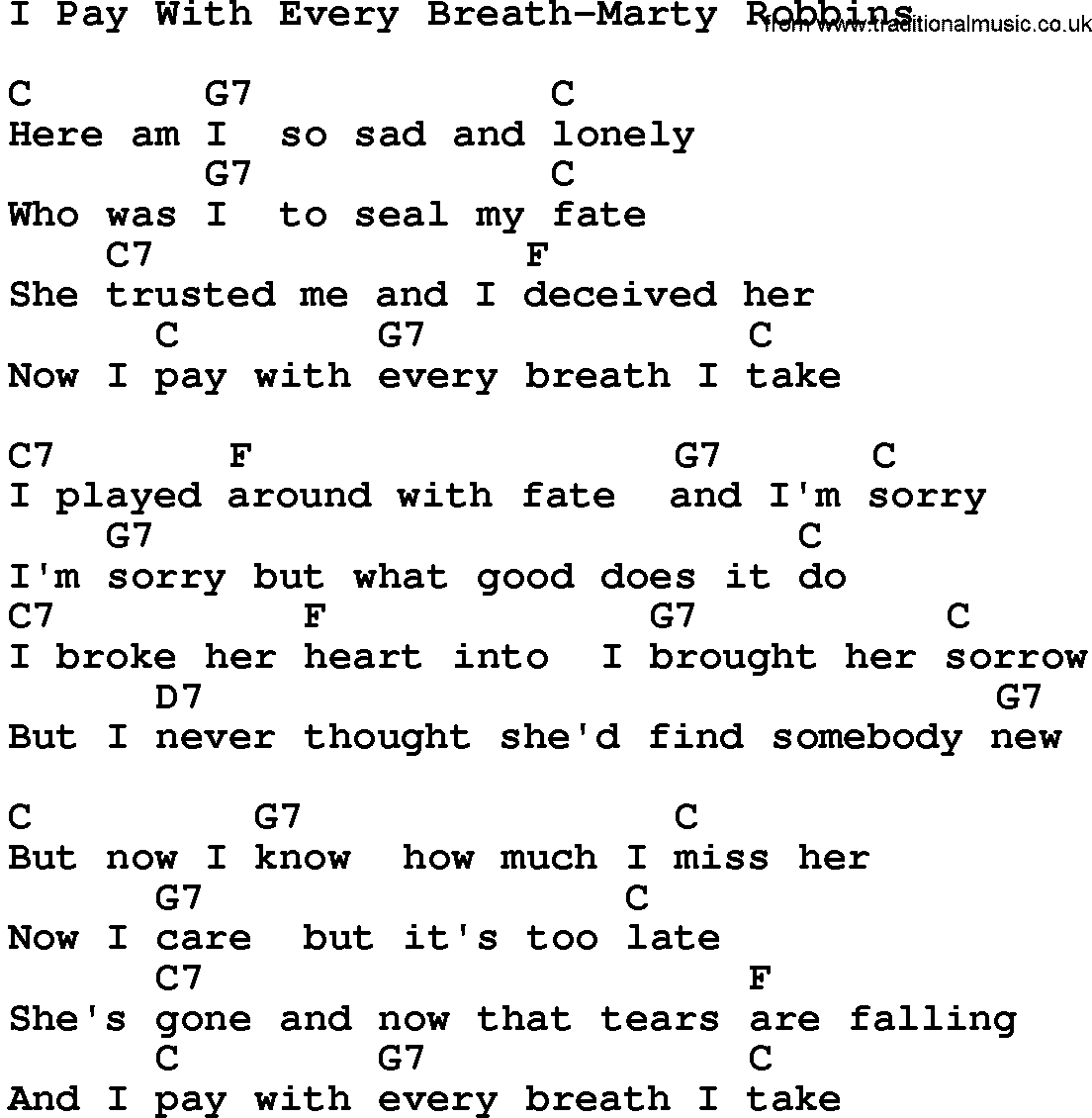 Country music song: I Pay With Every Breath-Marty Robbins lyrics and chords