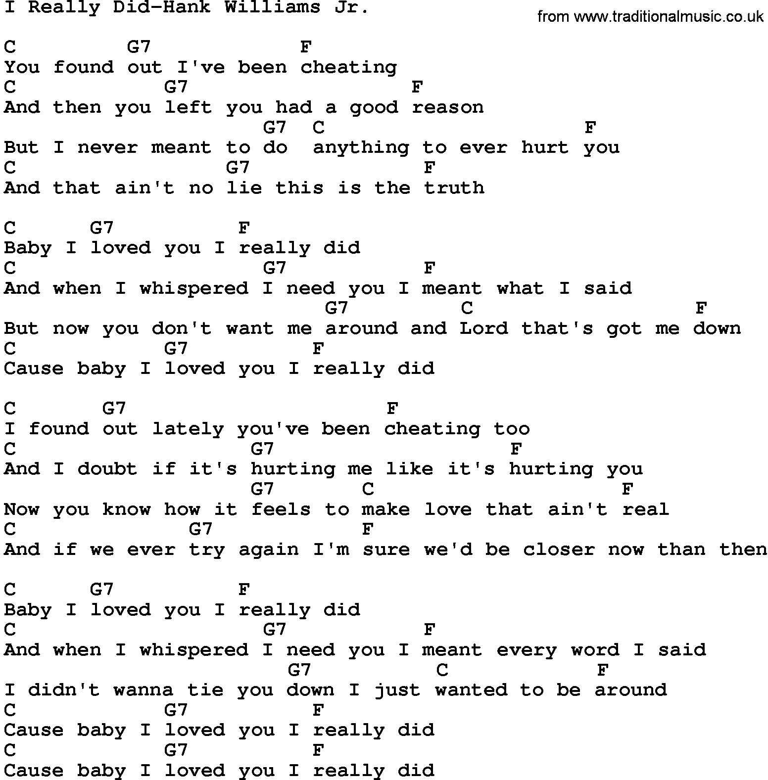 Country music song: I Really Did-Hank Williams Jr lyrics and chords