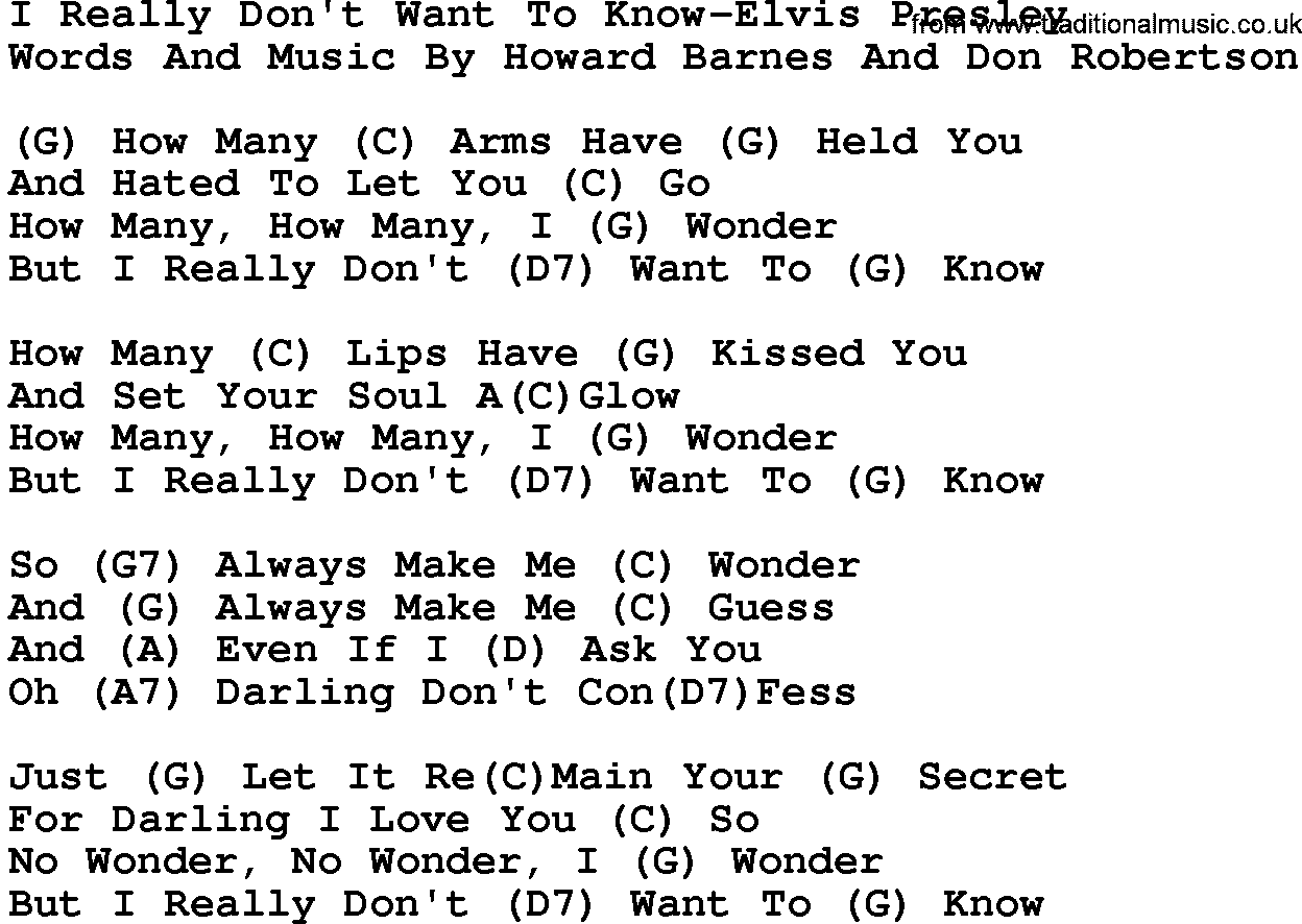 Country music song: I Really Don't Want To Know-Elvis Presley lyrics and chords