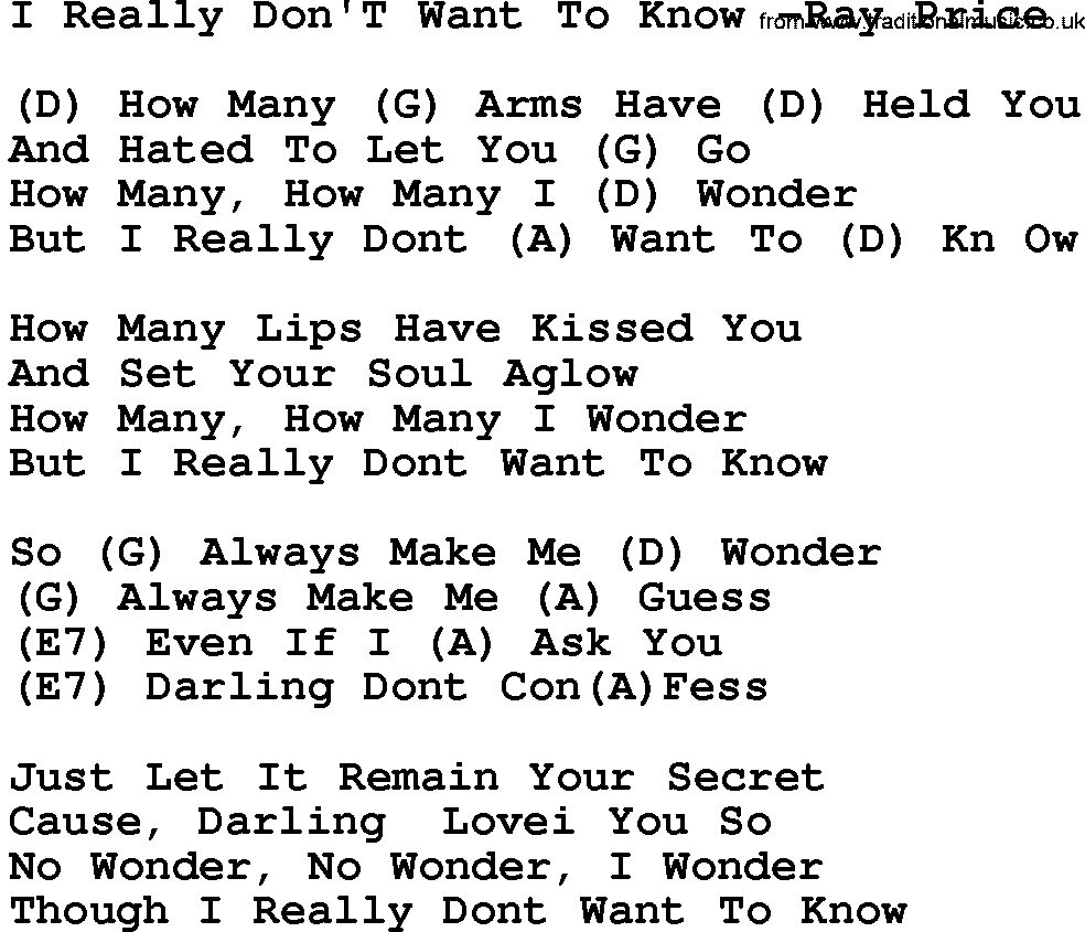 Country music song: I Really Don't Want To Know -Ray Price lyrics and chords