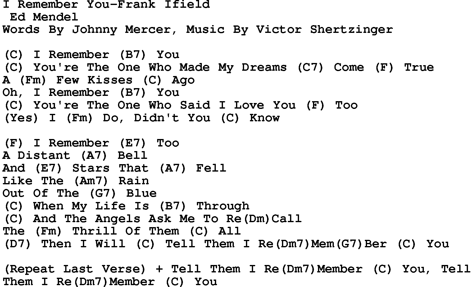 Country music song: I Remember You-Frank Ifield lyrics and chords