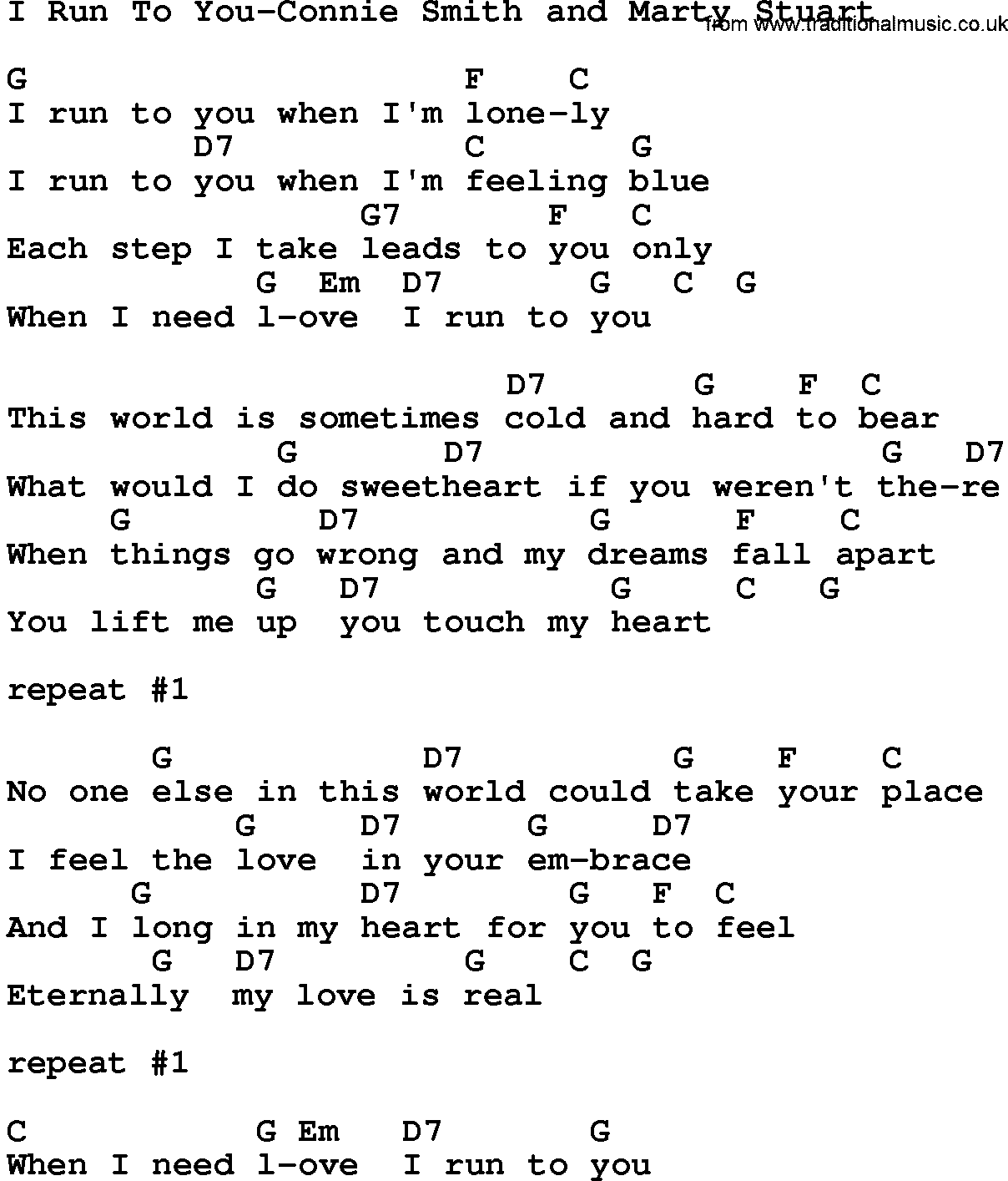 Country music song: I Run To You-Connie Smith And Marty Stuart lyrics and chords