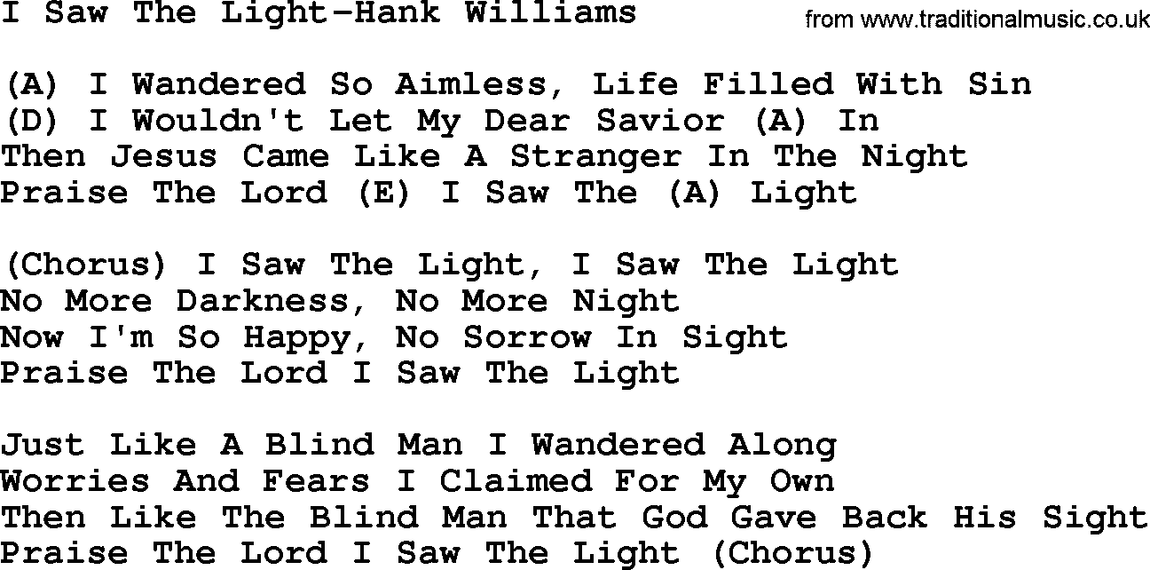 Country music song: I Saw The Light-Hank Williams lyrics and chords
