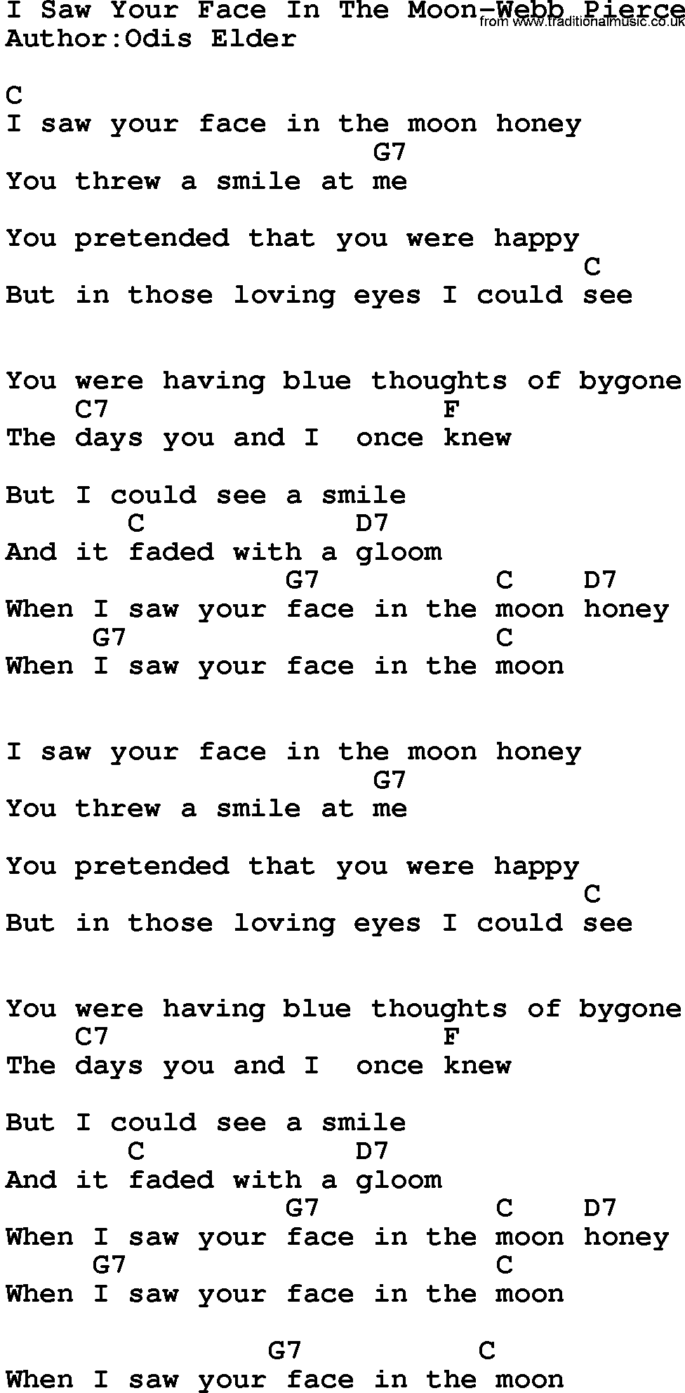 Country music song: I Saw Your Face In The Moon-Webb Pierce lyrics and chords