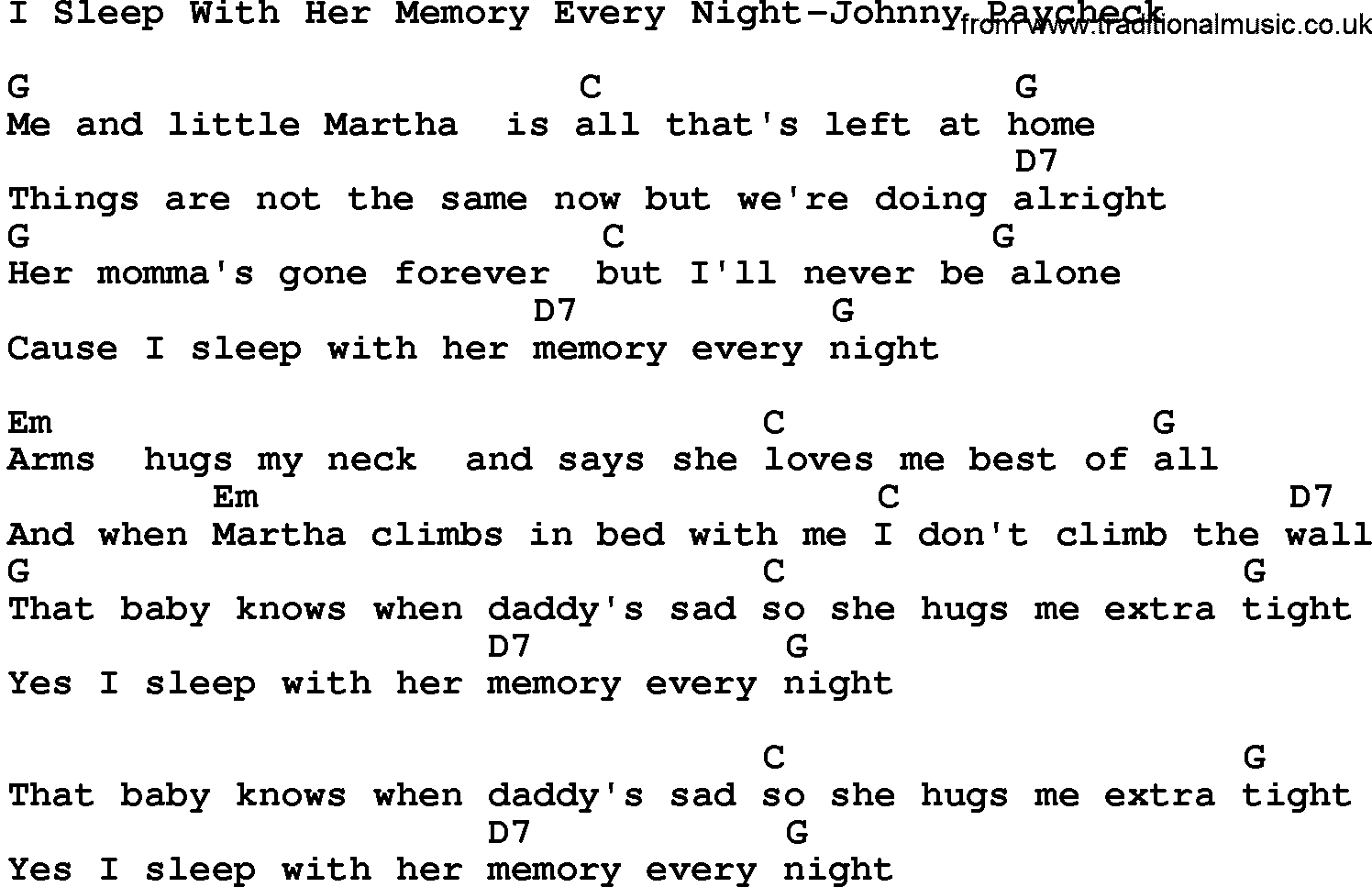 Country music song: I Sleep With Her Memory Every Night-Johnny Paycheck lyrics and chords