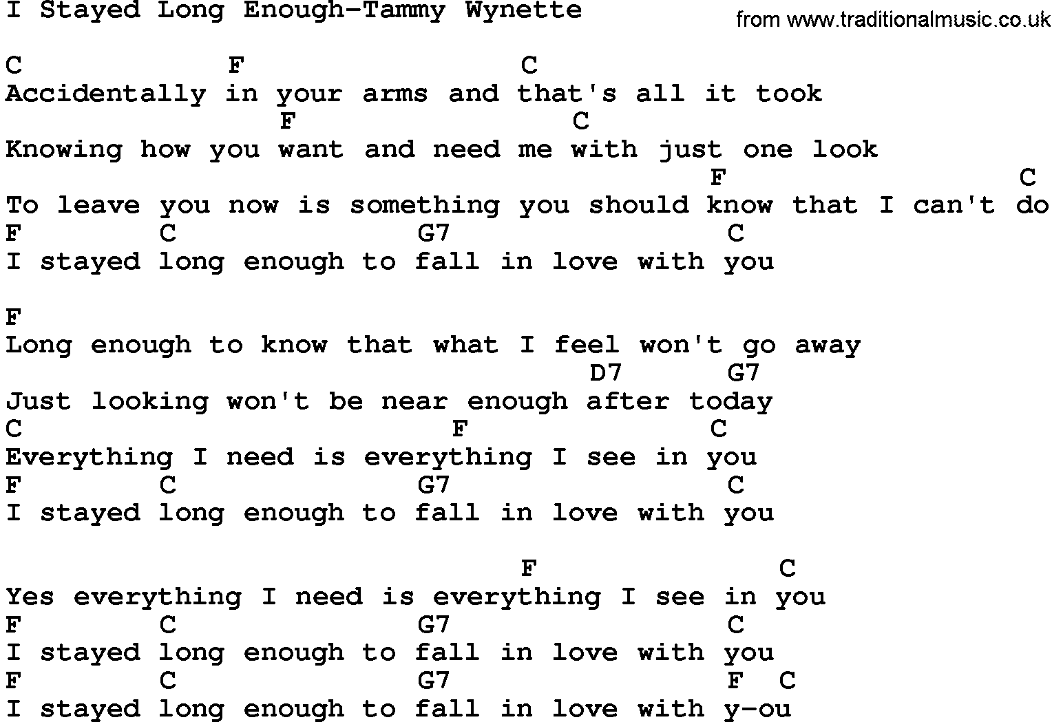 Country music song: I Stayed Long Enough-Tammy Wynette lyrics and chords