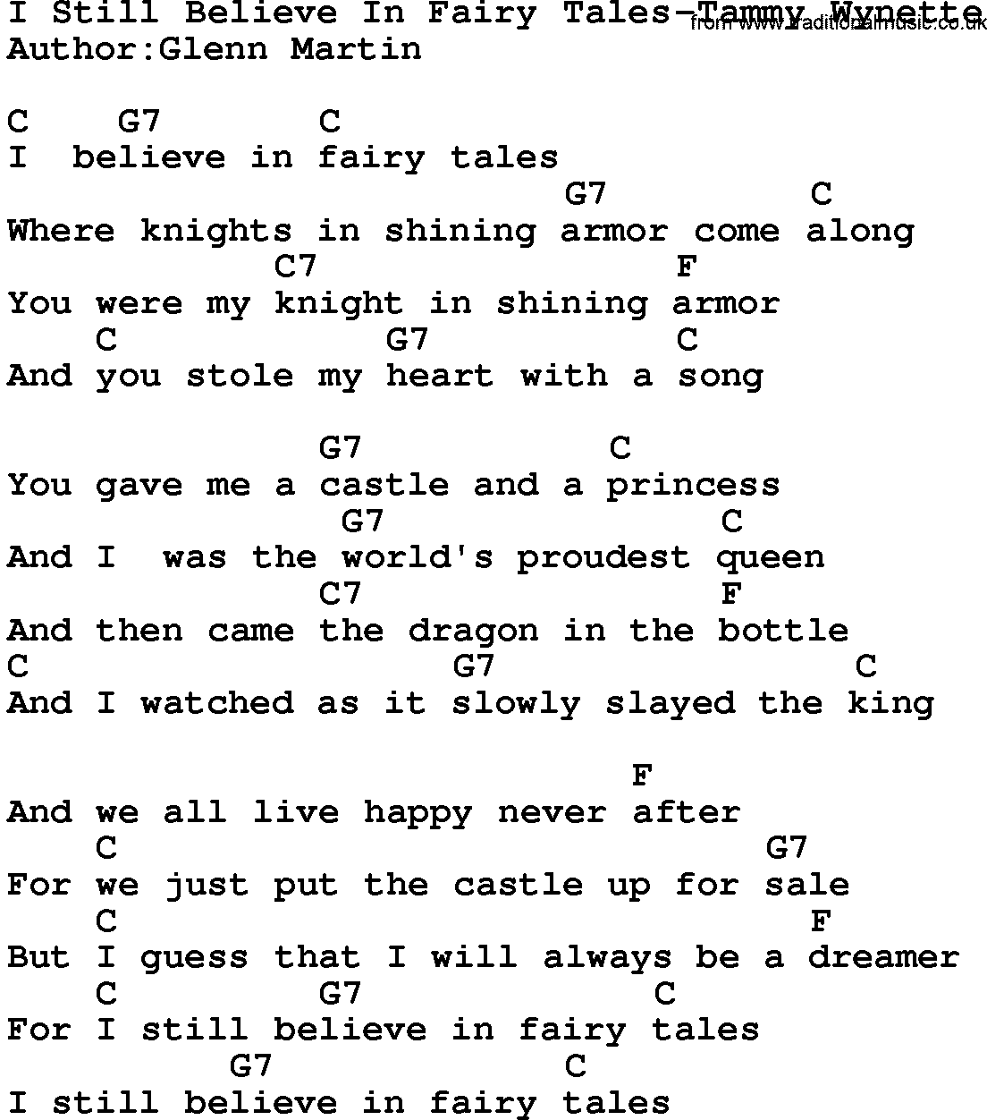 Country music song: I Still Believe In Fairy Tales-Tammy Wynette lyrics and chords