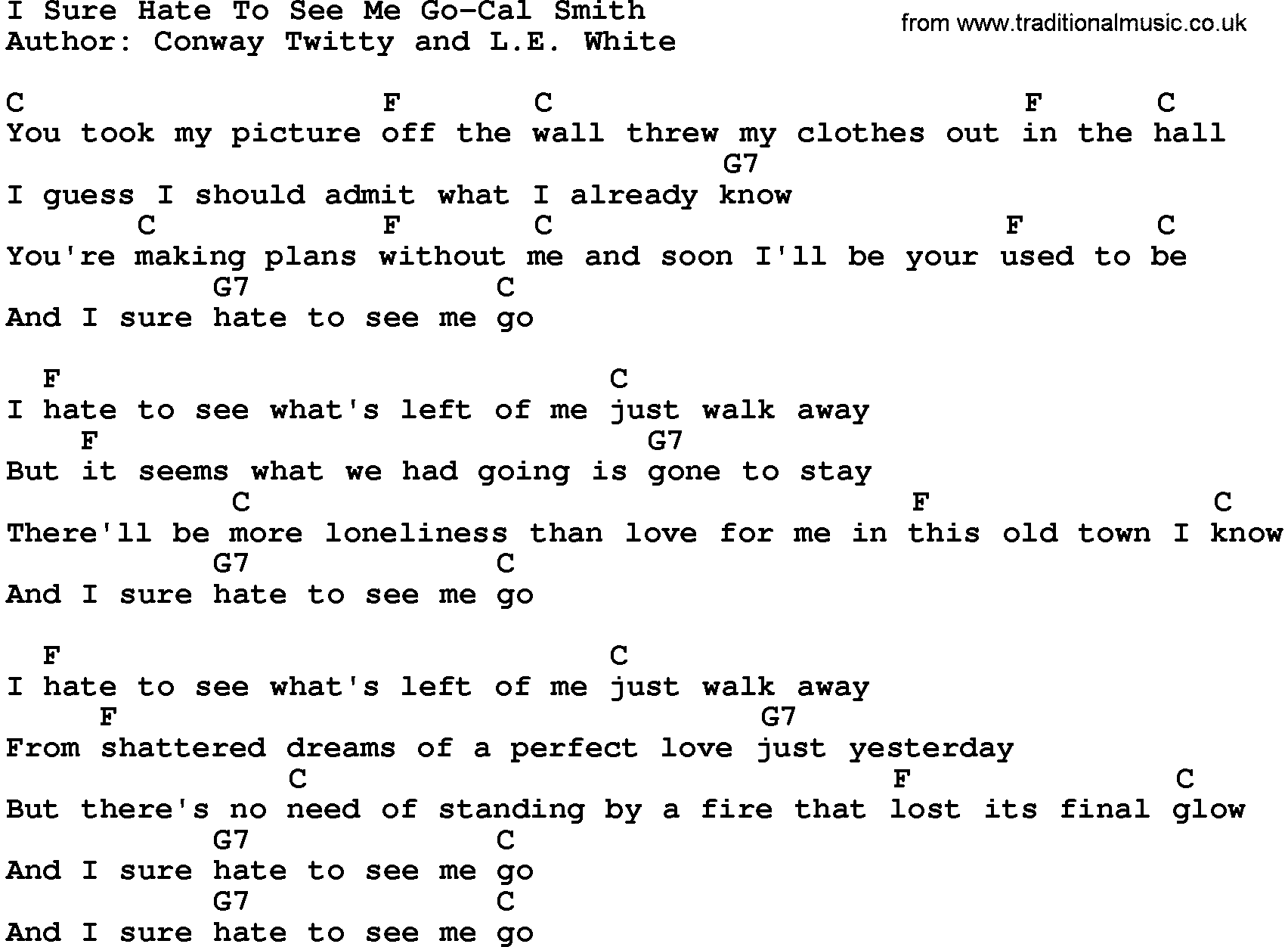 Country music song: I Sure Hate To See Me Go-Cal Smith lyrics and chords