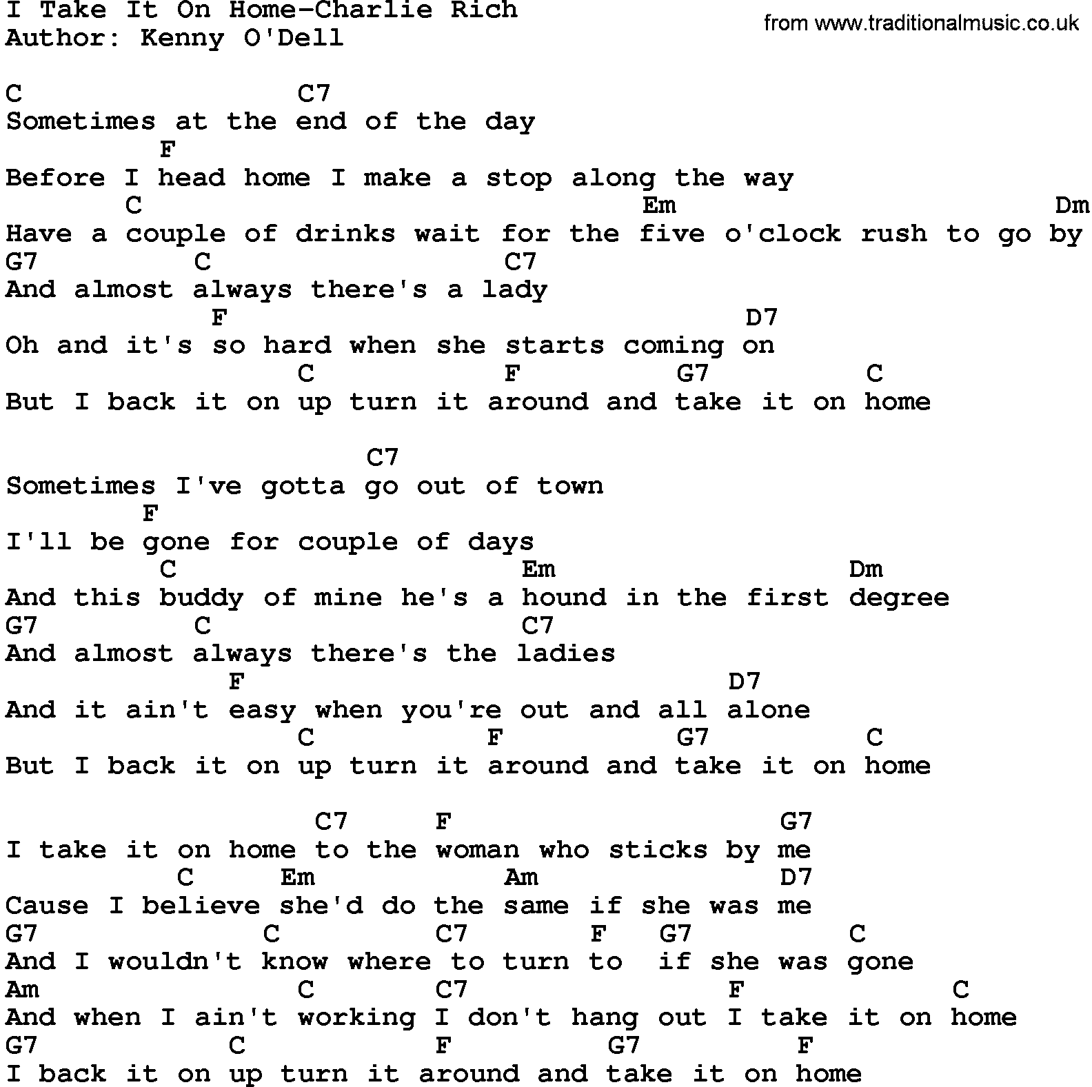 Country music song: I Take It On Home-Charlie Rich lyrics and chords