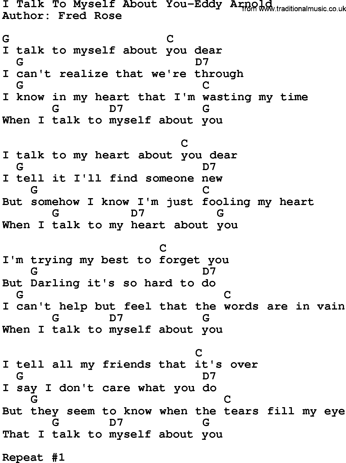 Country music song: I Talk To Myself About You-Eddy Arnold lyrics and chords