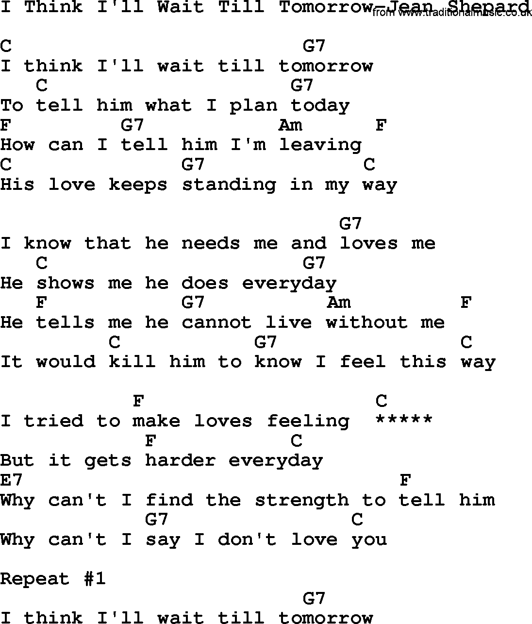 Country music song: I Think I'll Wait Till Tomorrow-Jean Shepard lyrics and chords