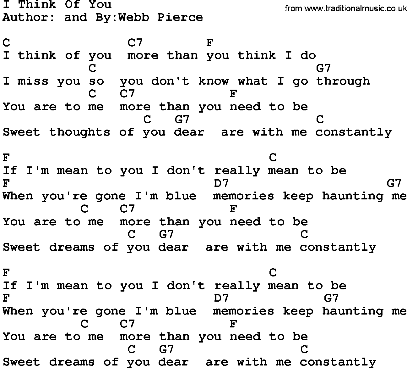 Country music song: I Think Of You lyrics and chords