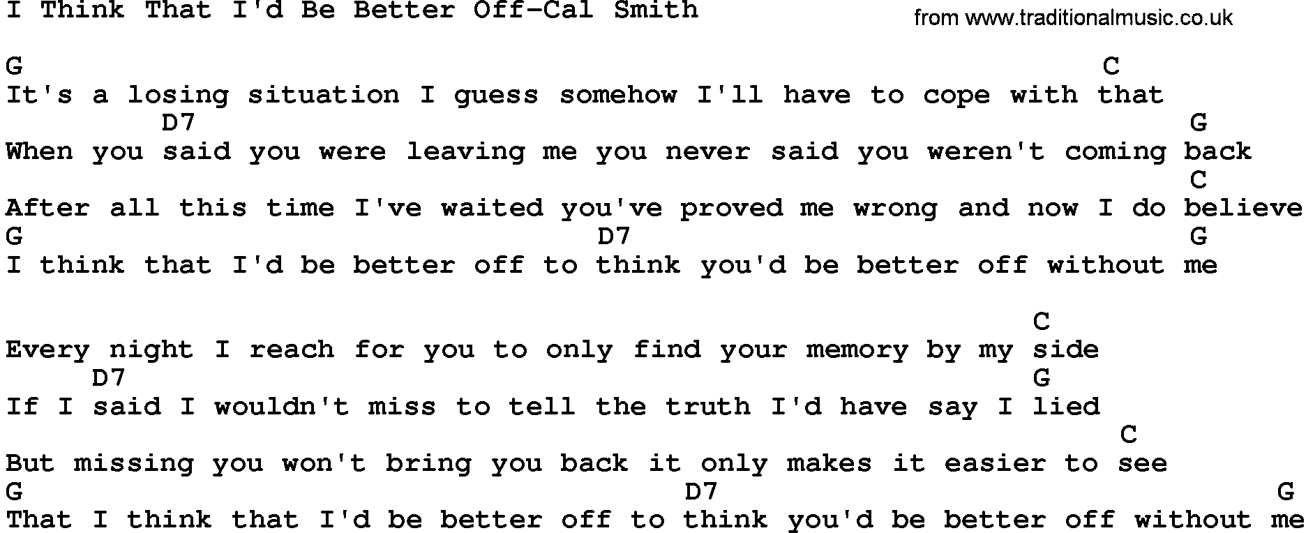 Country music song: I Think That I'd Be Better Off-Cal Smith lyrics and chords