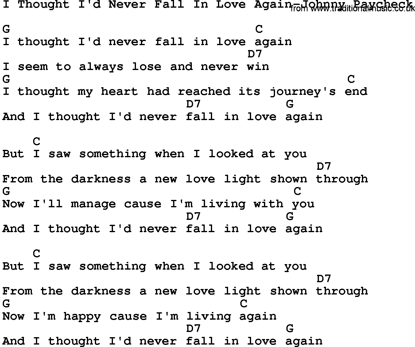 Country music song: I Thought I'd Never Fall In Love Again-Johnny Paycheck lyrics and chords