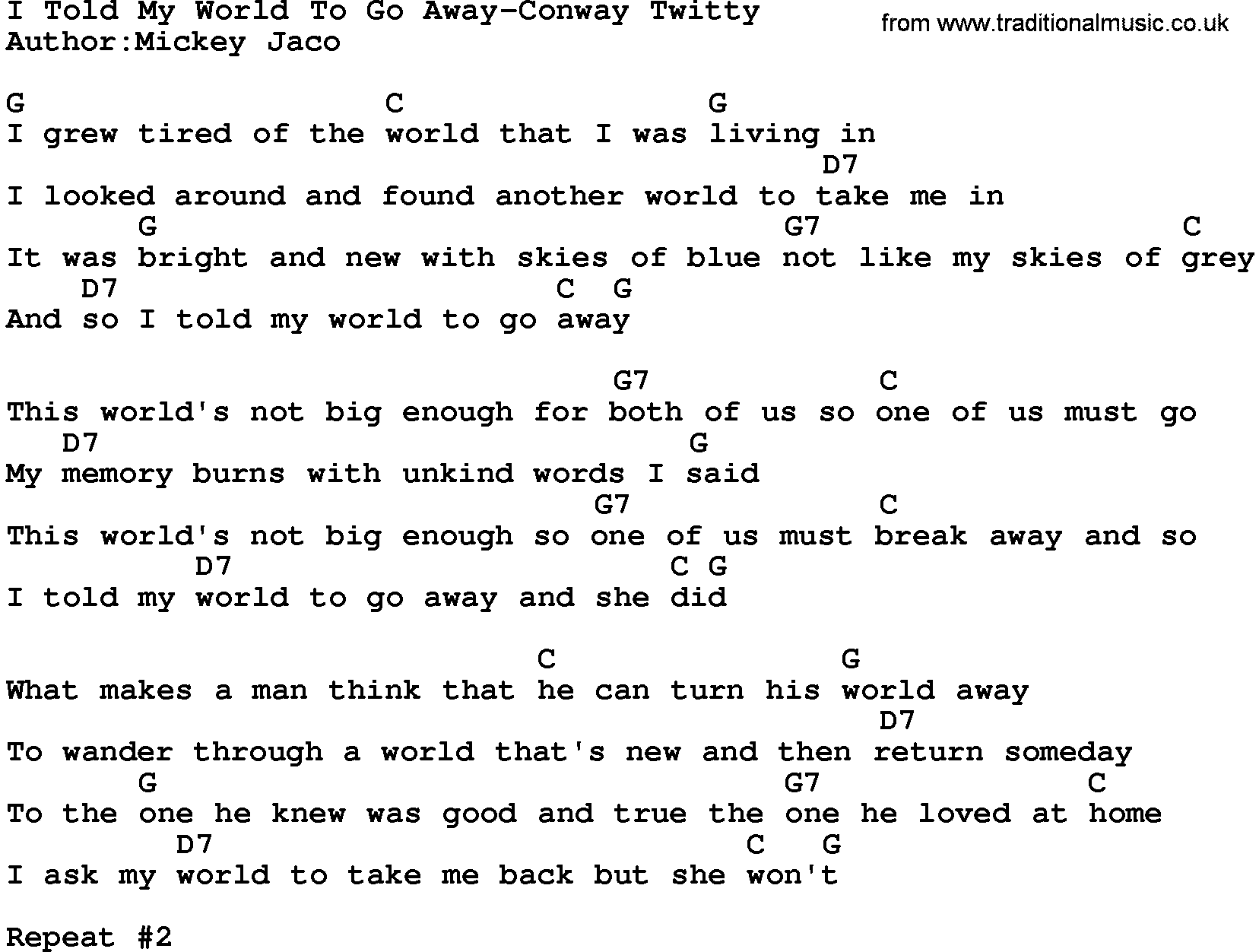 Country music song: I Told My World To Go Away-Conway Twitty lyrics and chords