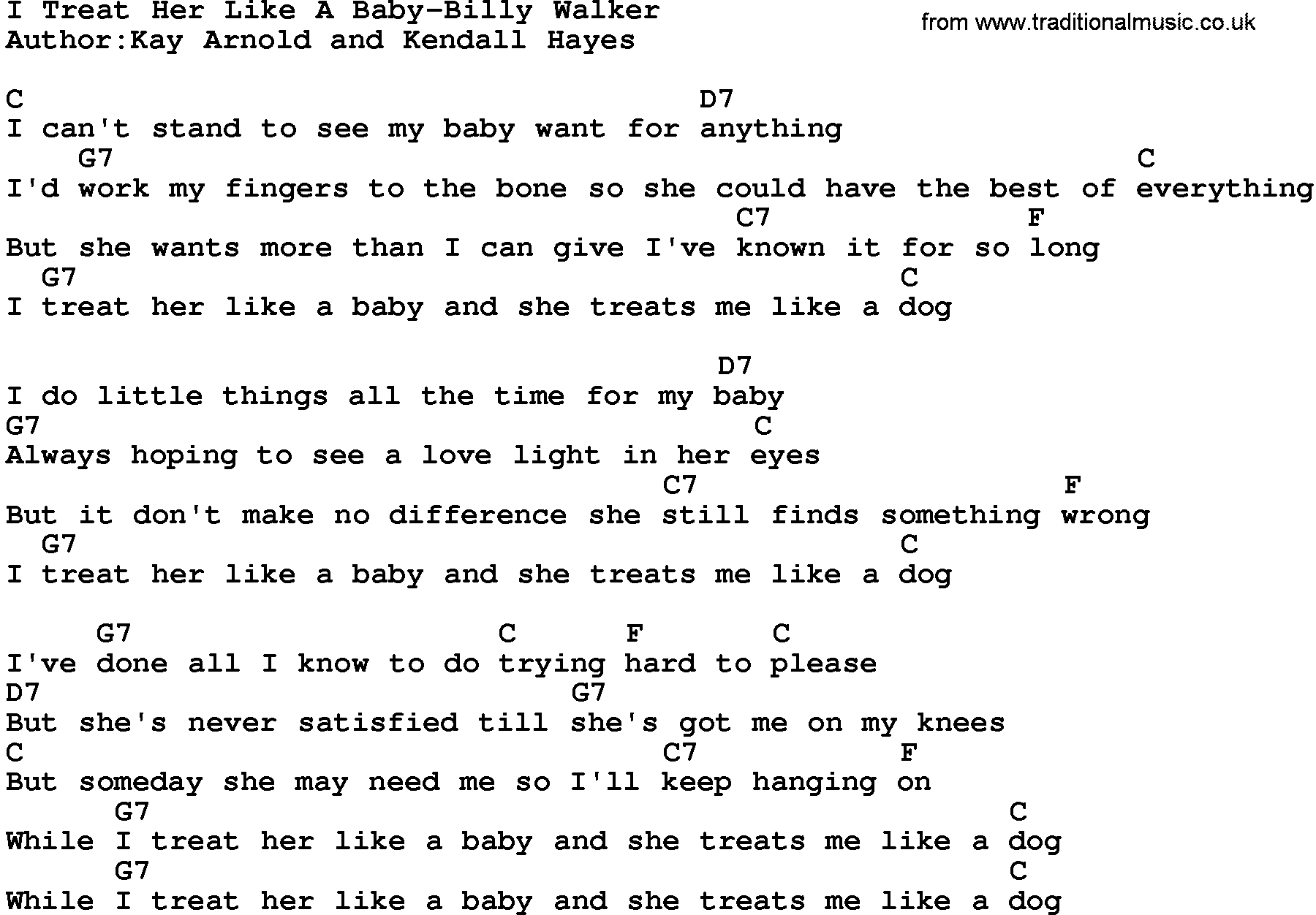 Country music song: I Treat Her Like A Baby-Billy Walker lyrics and chords