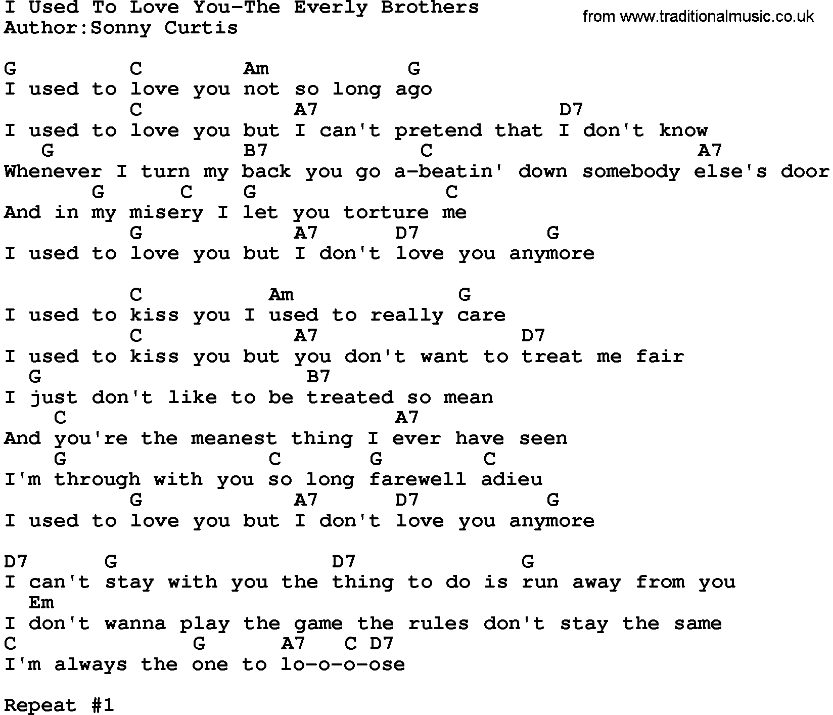 Country music song: I Used To Love You-The Everly Brothers lyrics and chords