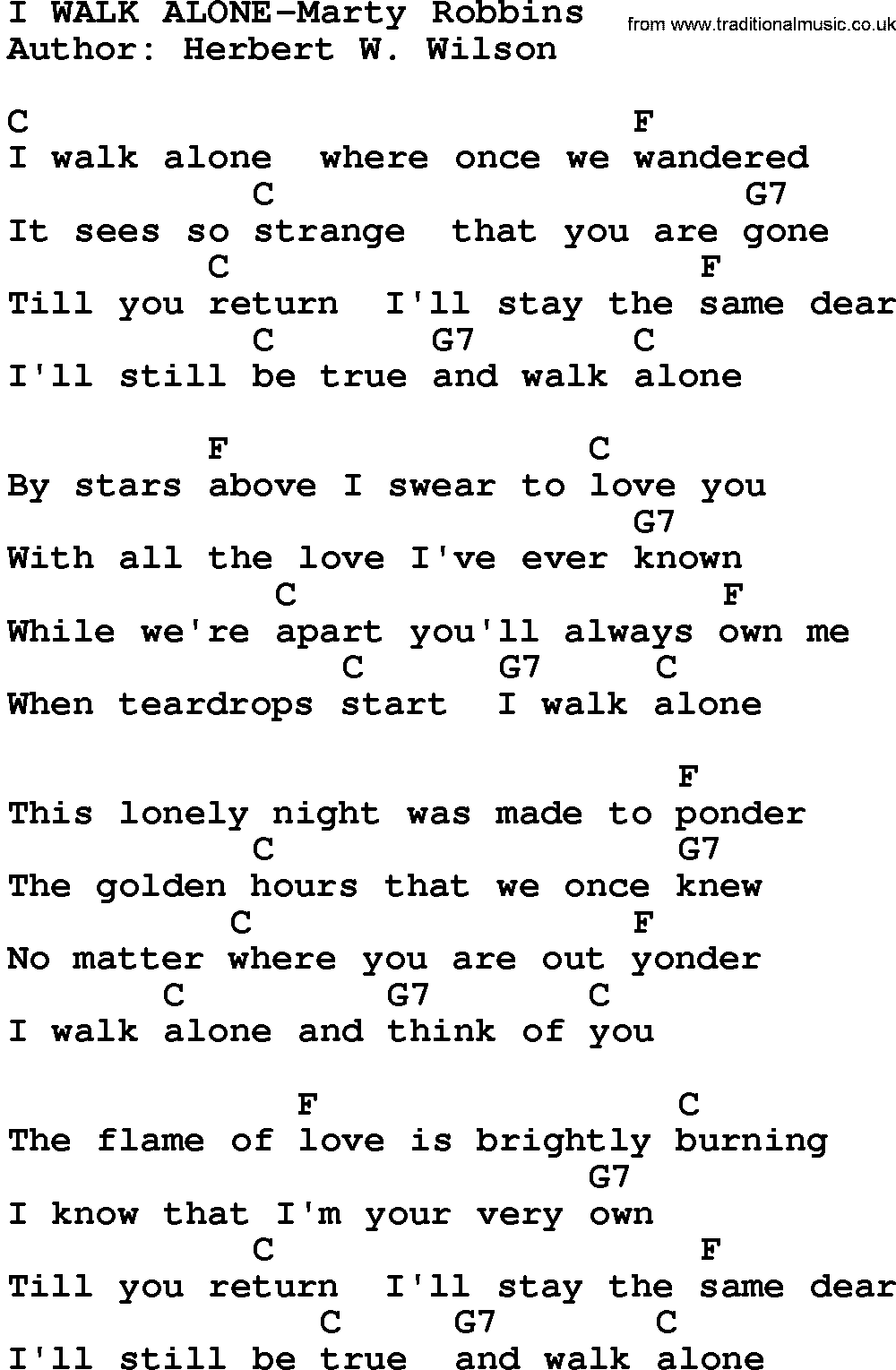 Country music song: I Walk Alone-Marty Robbins lyrics and chords