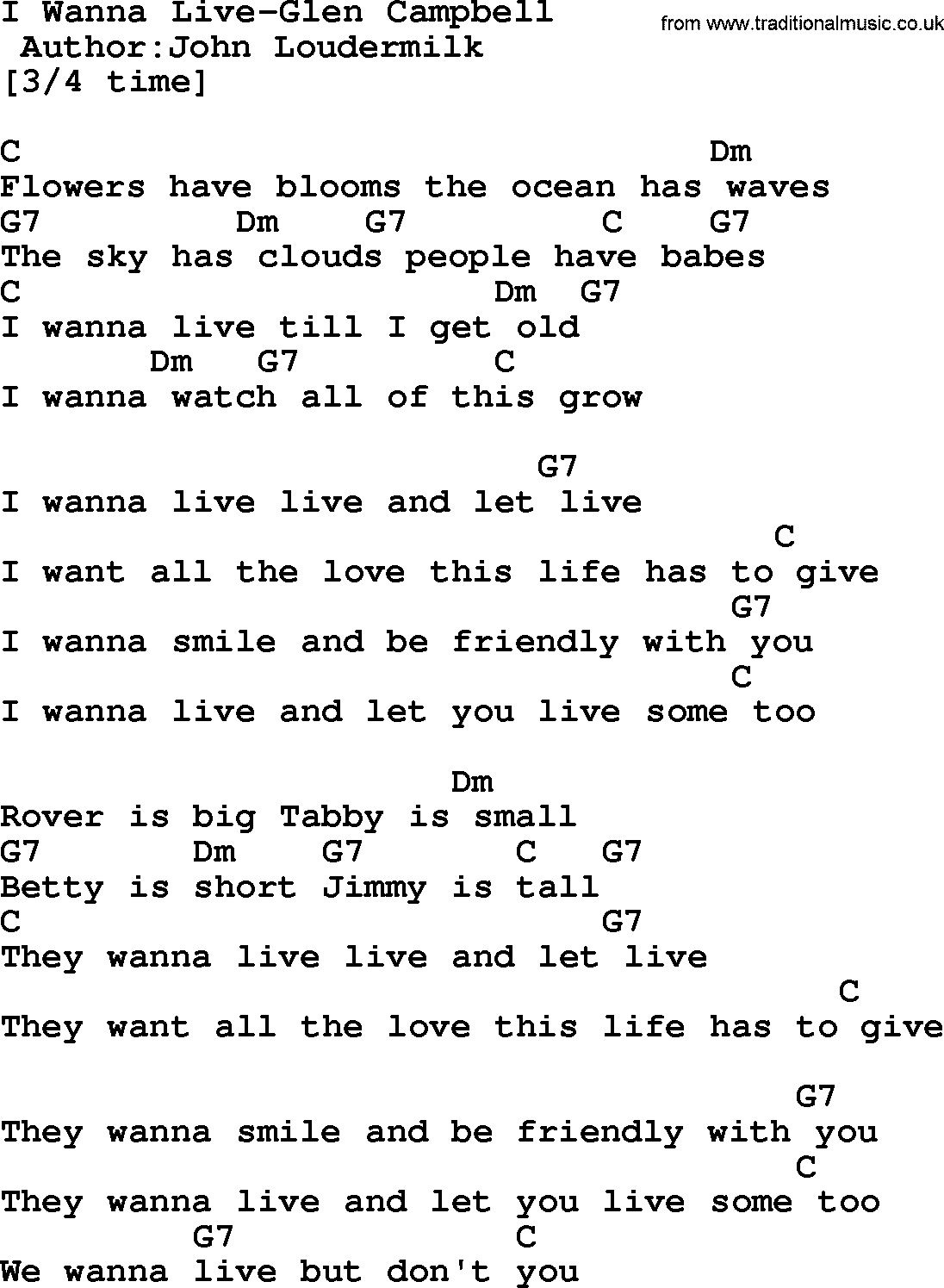 Country music song: I Wanna Live-Glen Campbell lyrics and chords