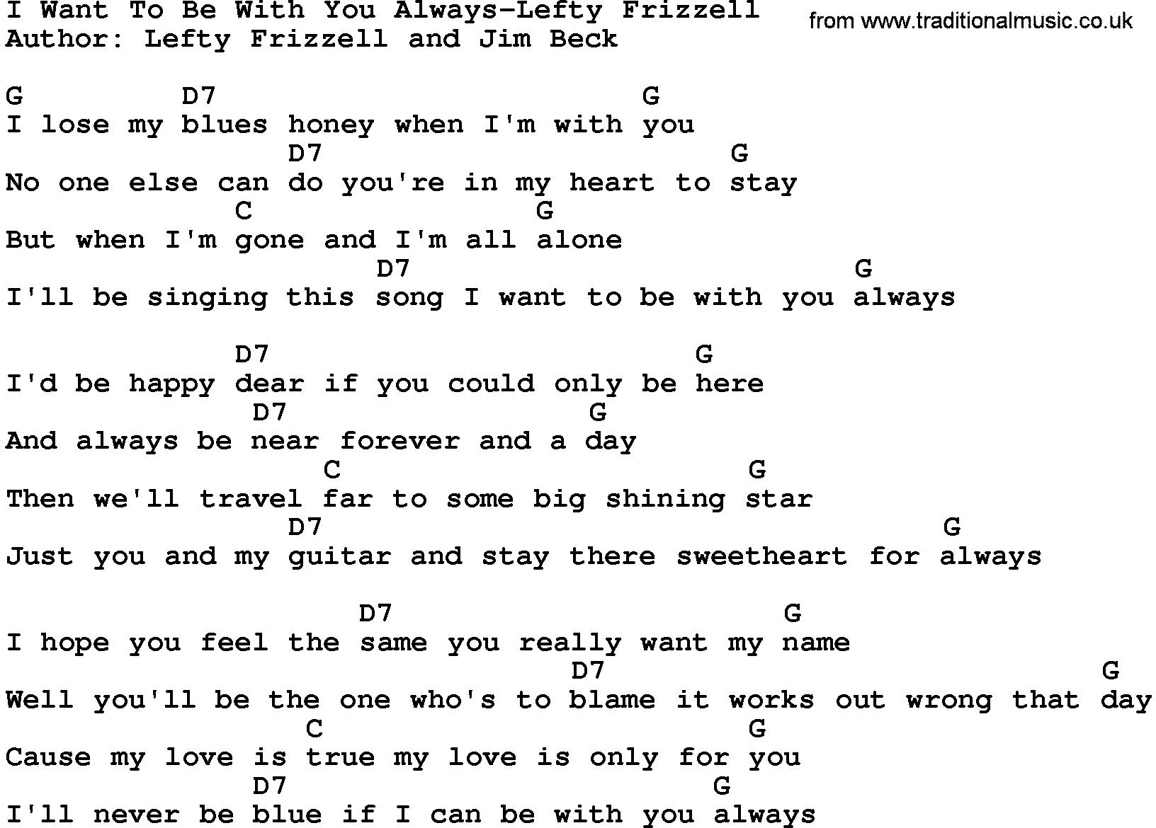 Country music song: I Want To Be With You Always-Lefty Frizzell lyrics and chords