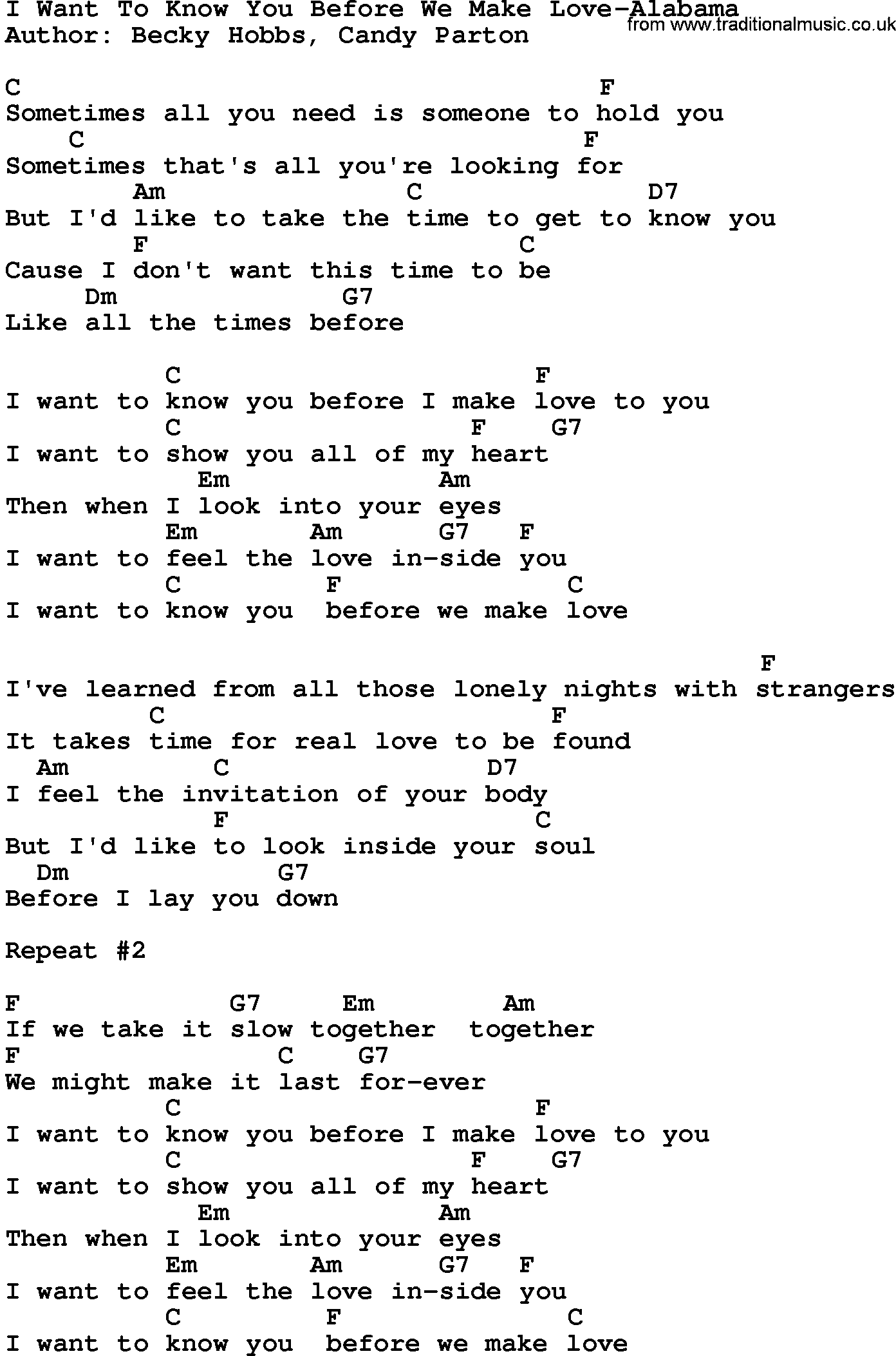 Country music song: I Want To Know You Before We Make Love-Alabama lyrics and chords