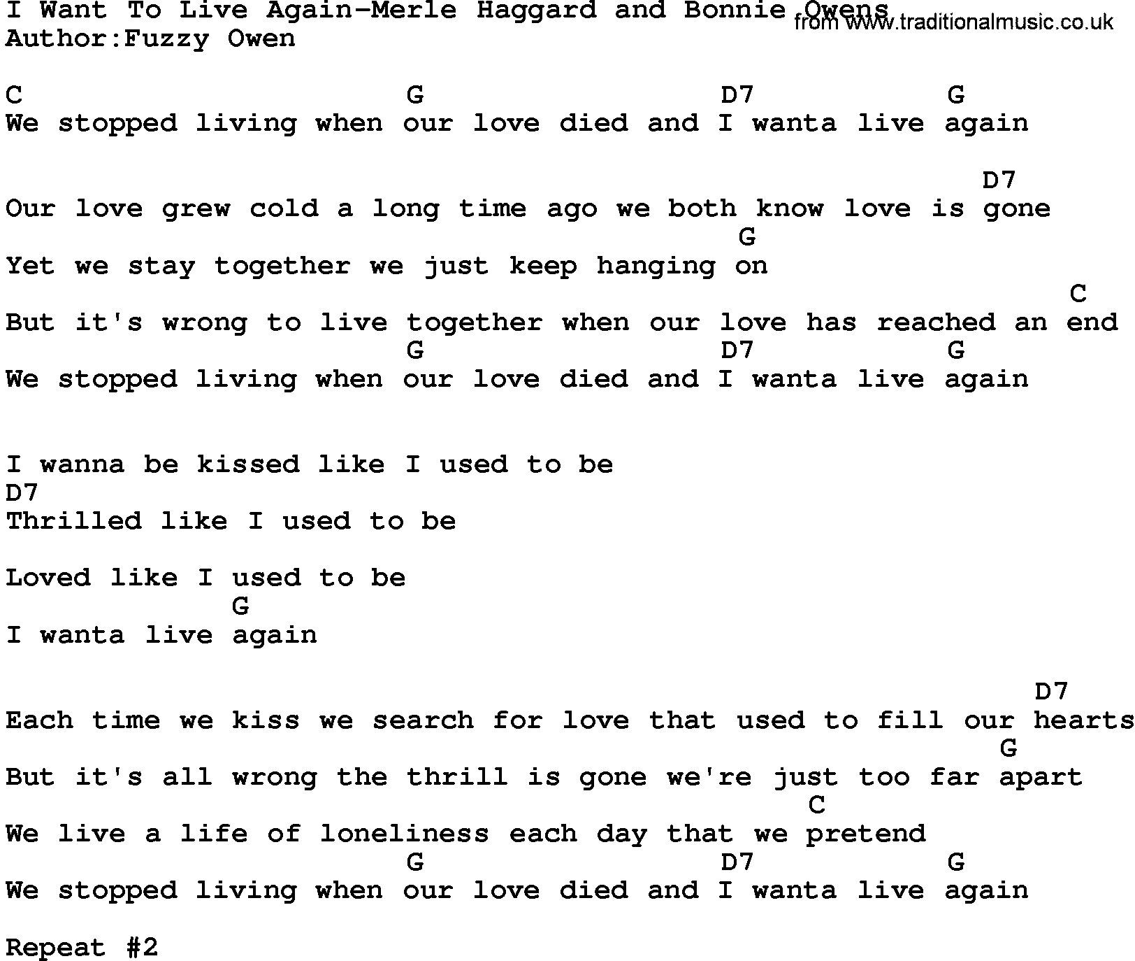 Country music song: I Want To Live Again-Merle Haggard And Bonnie Owens lyrics and chords
